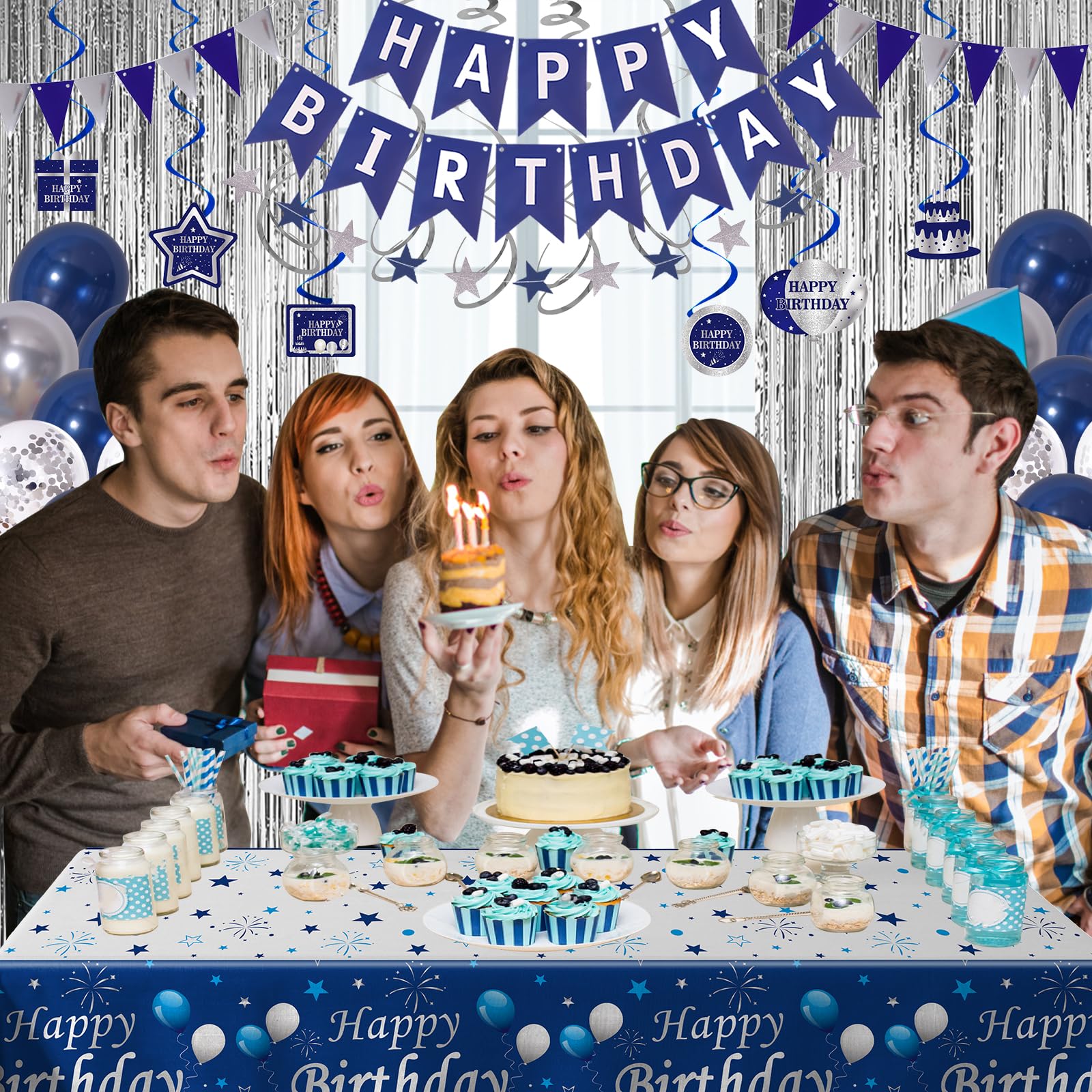 Blue Birthday Party Decorations for Men & Women - Bunting Banner, Fringe Curtains, Hanging Swirls & Tablecloth Set | Perfect for Adult Birthday Celebrations, Office Parties & Gender Reveal Events