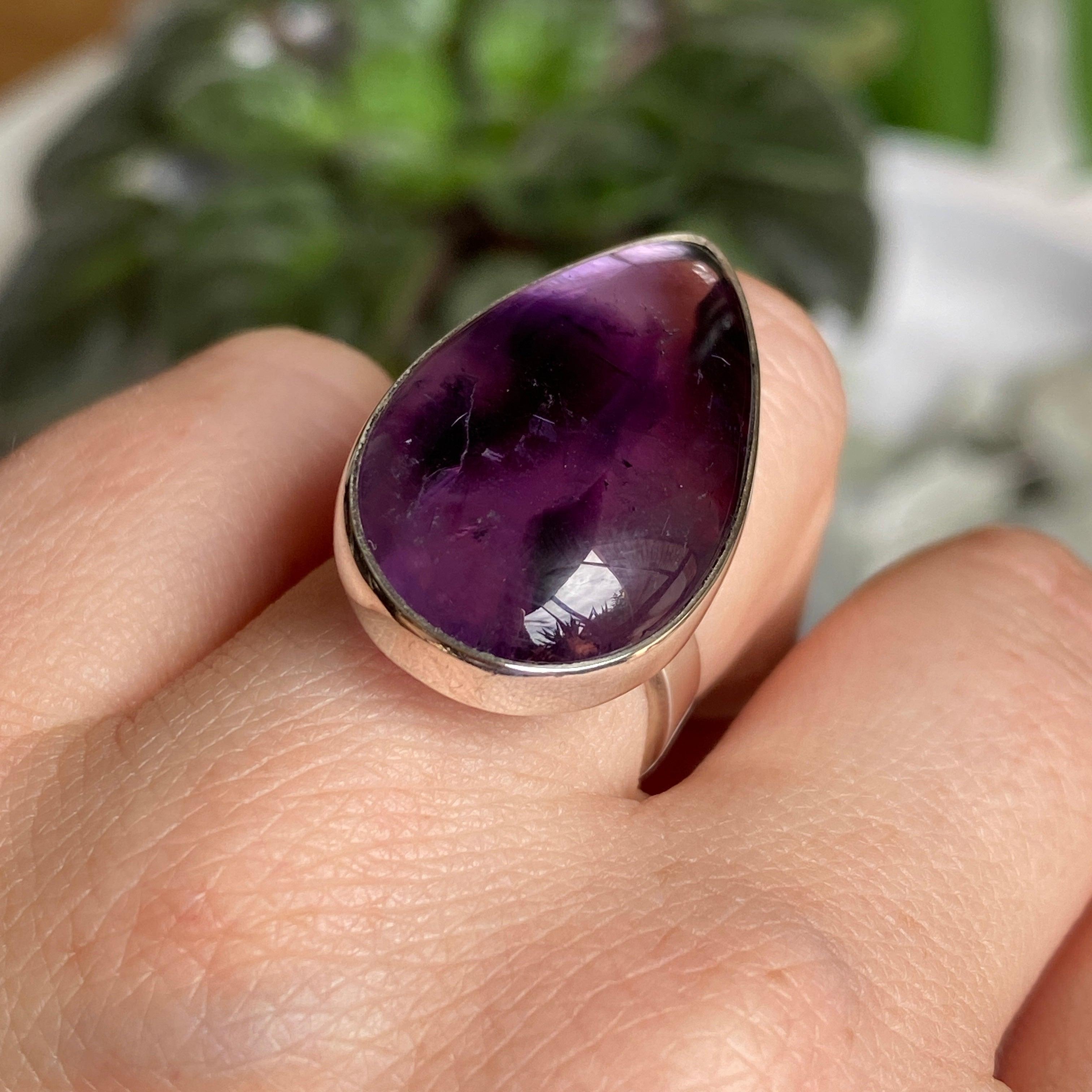 Amethyst Teardrop Cabochon Ring - Size 6 - Sterling Silver 925 - Elegant Purple Gemstone Jewelry for Women - Perfect for Weddings, Parties & Everyday Wear