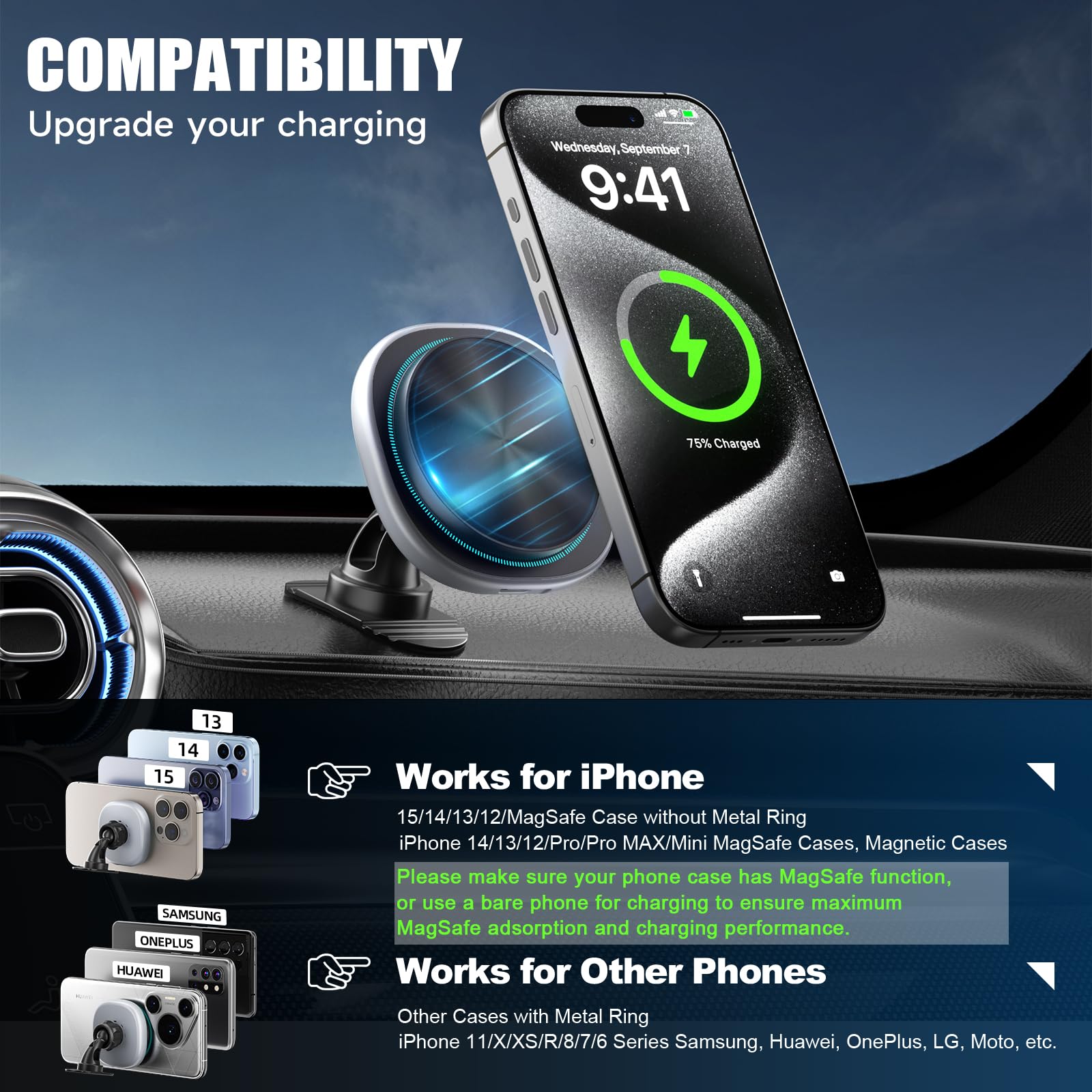 15W Fast Magnetic MagSafe Car Mount Charger - Strong Air Vent & Dashboard Wireless Phone Holder for iPhone 16/15/14/13/12 - Perfect for Safe Driving & Hands-Free Charging