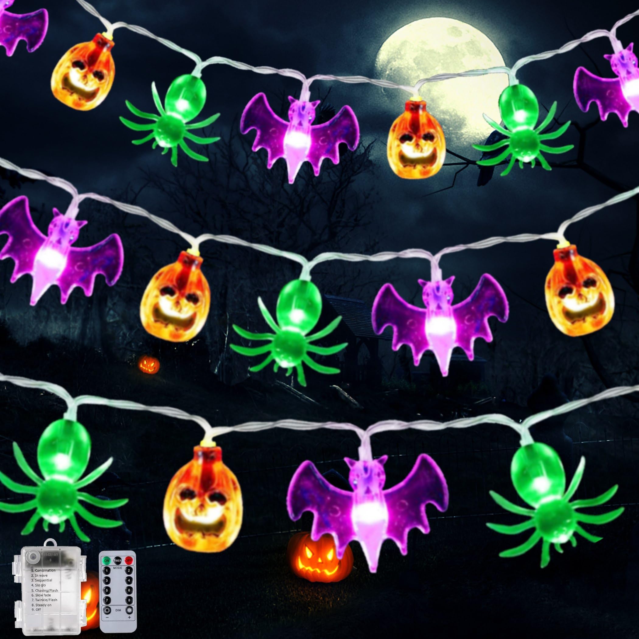 30 LED 3D Pumpkin Bat Spider Halloween String Lights - 14.76FT Battery Operated with Timer for Home, Window, Porch, Outdoor Party Decor - Perfect for Halloween Night, Spooky Yard Displays & Haunted House Decorations