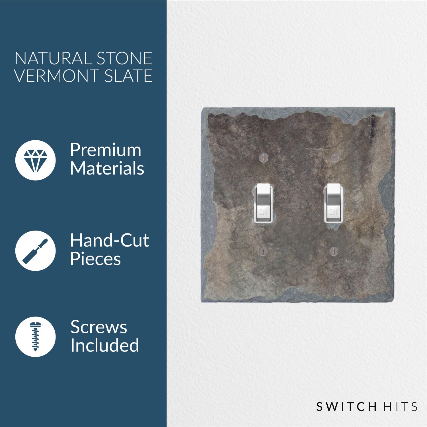 Decorative Recycled Vermont Slate Electrical Switch Plate - 2 Gang Double Toggle Light Switch Cover (5” x 5”) - Natural Earth Tone Wall Outlet Faceplate for Living Room, Bedroom & Office Decor