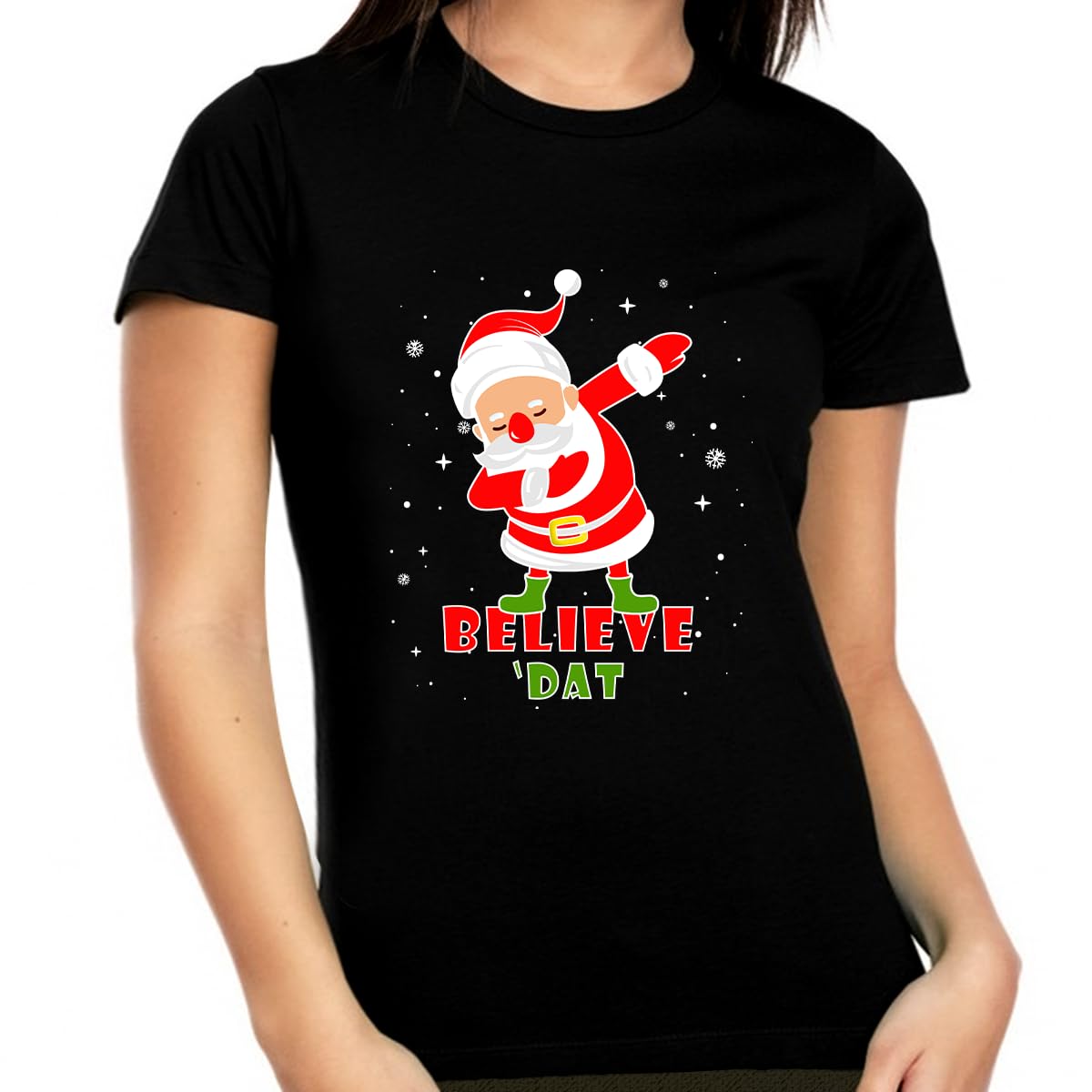 Funny Plus Size Christmas T-Shirts for Women - Cute Holiday Believe Graphic Tees - Festive Holiday Party Outfit & Family Matching Christmas Shirts