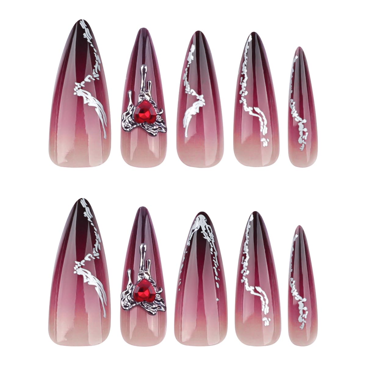 Red Stiletto Press on Nails with Heart Charms - 24PCS Long Ombre False Nails, Full Cover Glue on Artificial Nails for Women | Perfect for Valentine's Day, Date Night & Special Occasions