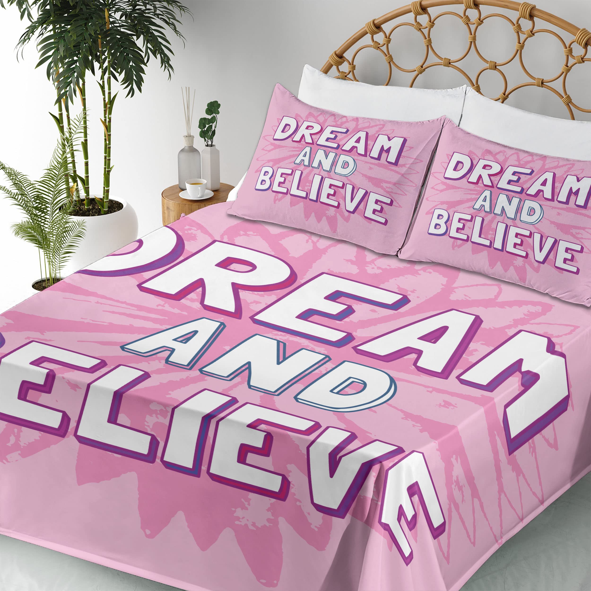 Ambesonne 4-Piece King Size Sheet Set - Dream and Believe Floral Geometric Print, Pink & White Bedding with Fitted Sheet, Flat Sheet & Pillowcases | Perfect for Master Bedrooms, Guest Rooms & Bohemian Home Decor