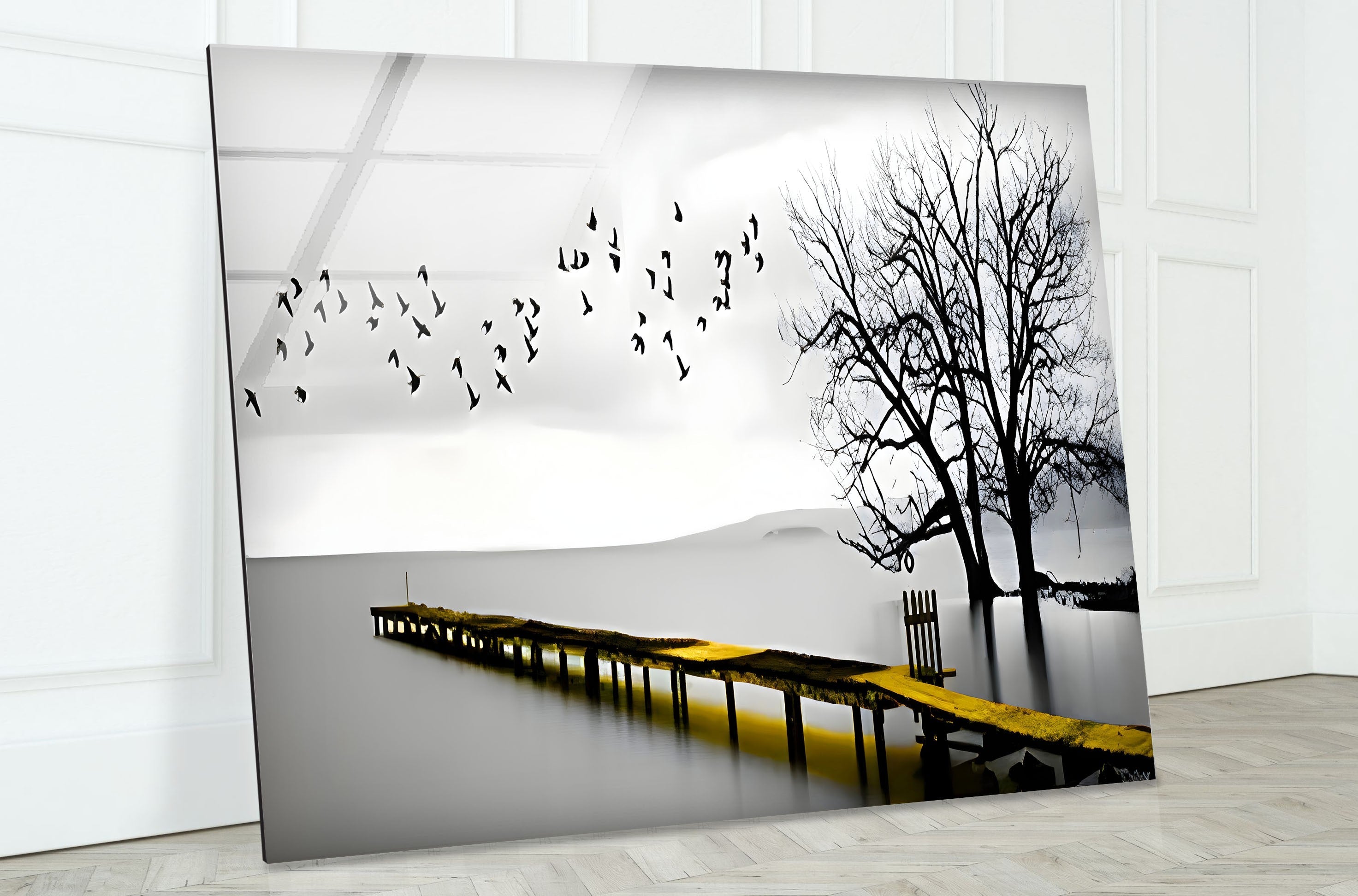 Black and White Dock & Birds Glass Wall Art - Elegant Coastal Decor for Living Room, Bedroom, or Office
