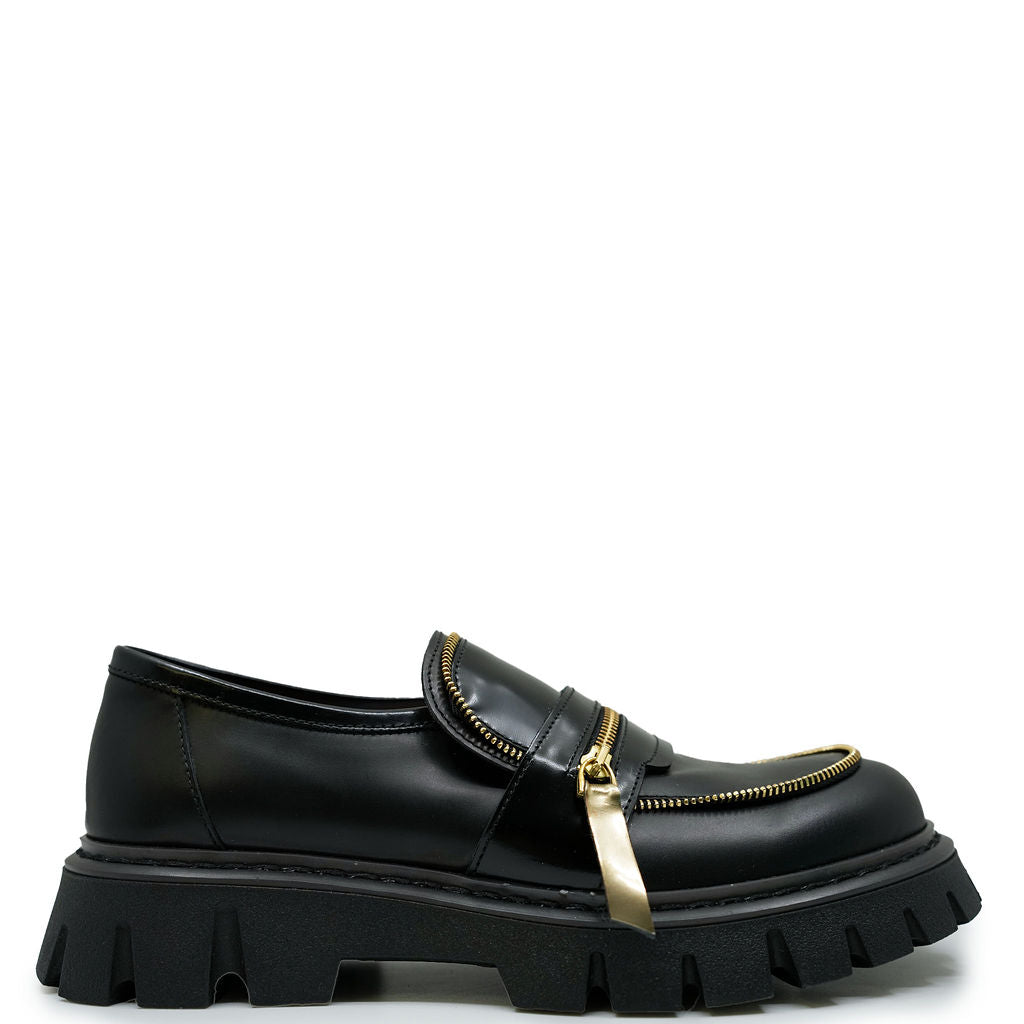 Black and Gold Chunky Loafers with Zipper Detail - Stylish Women's Slip-On Shoes for Work, Office & Casual Outfits