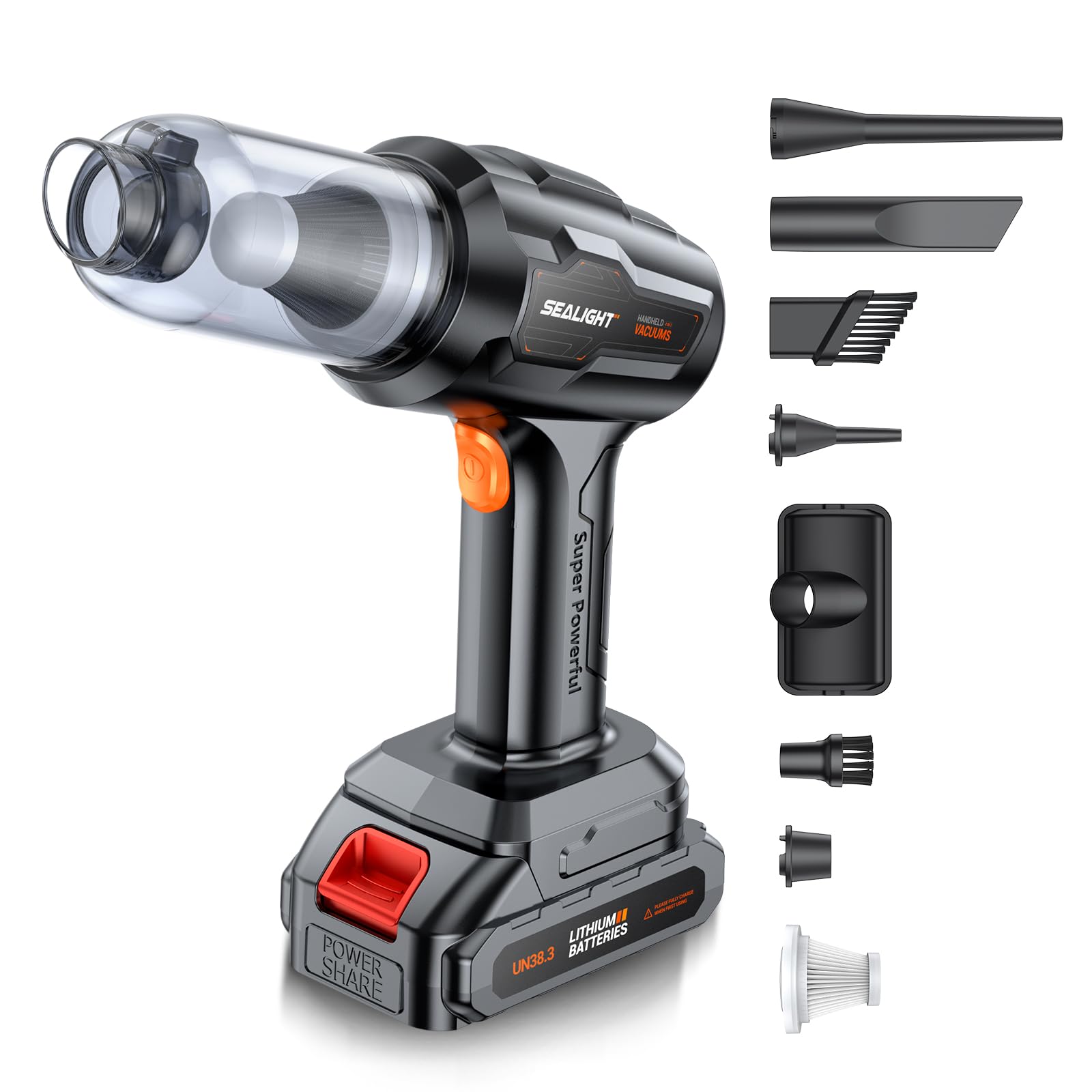 SEALIGHT Cordless Handheld Vacuum Cleaner - 21000PA Strong Suction, 18V/120W Portable Car Vacuum with 2 Rechargeable Batteries for Long Runtime | Compact & Lightweight for Car Detailing, Home Cleaning, Office Use & Pet Hair Removal