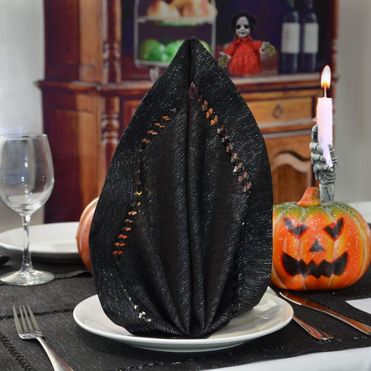 Premium Hand Hemstitched Halloween Dining Table Napkins - Silver Thread Interwoven Black Cloth Napkins (Set of 4, 18x18 Inches) for Holiday Dinner Parties, Festive Table Decor & Special Occasions
