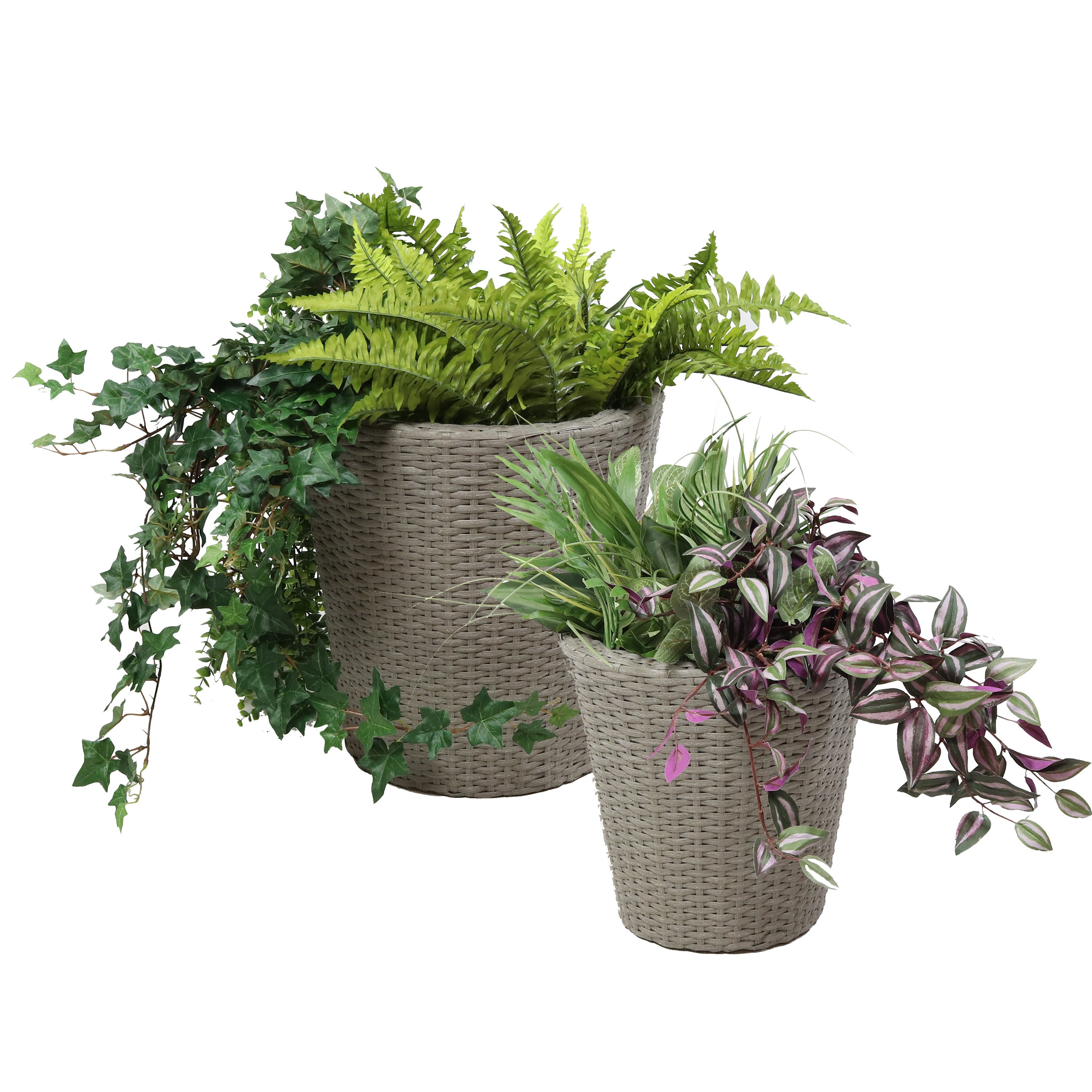 Sunnydaze Round Polyrattan Indoor Planters Set - 1 Large & 1 Small Modern Decorative Flower Pots for Home, Office, Living Room, Balcony Decor - Perfect for Succulents, Herbs & Houseplants