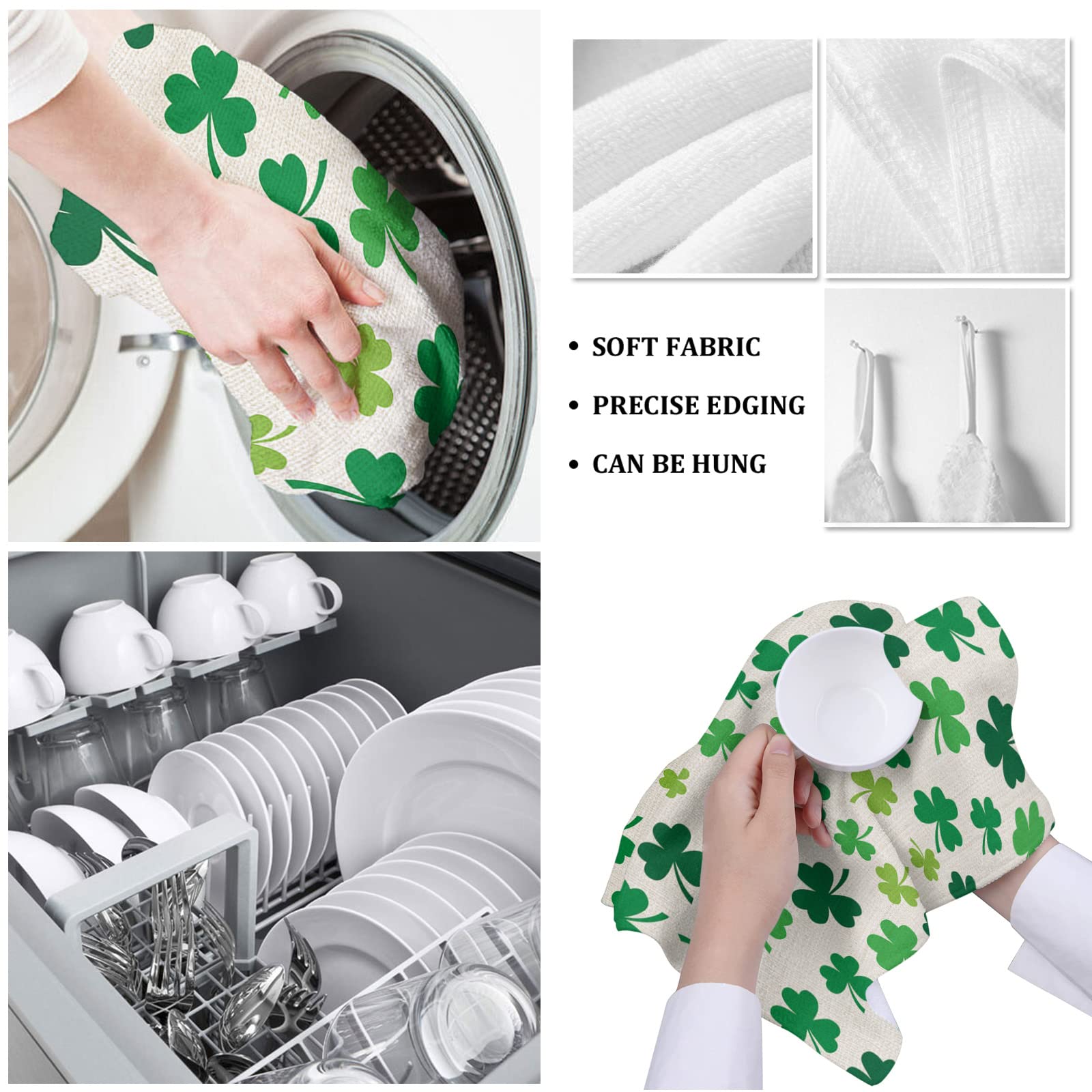 St. Patrick's Day Green Clover Leaf Microfiber Kitchen Towels - Pack of 2 Absorbent Reusable Dish Towels (18x28 Inch) for Cleaning, Drying Dishes & Bar Use - Lucky Shamrock Soft Tea Towels for St. Patrick's Day Decor & Irish-Themed Kitchen Accessories