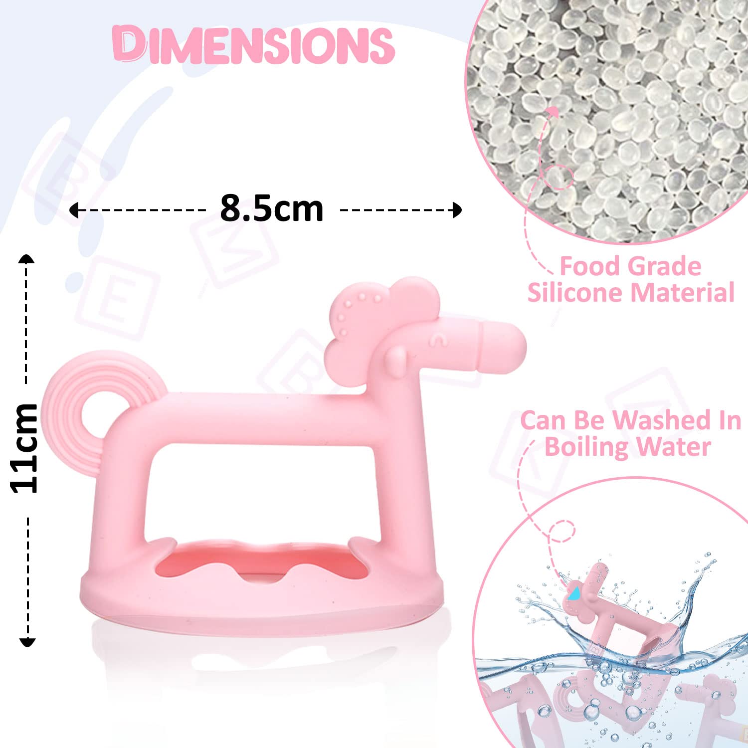 Bembika Baby Teething Toys - Silicone Pony Teether, Key Teether & Toothbrush Set for Soothing Sore Gums (Pink) - Perfect for Infants 3-12 Months During Teething Discomfort