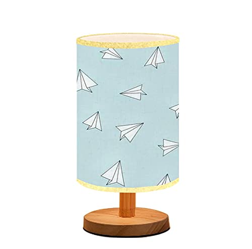 Minimalist Wooden Nightstand Lamp with Flaxen Fabric Shade - Airplane Origami Paper Sketch Design for Bedroom, Living Room & Nursing | Bedside Table Light for Reading, Breastfeeding & Relaxation