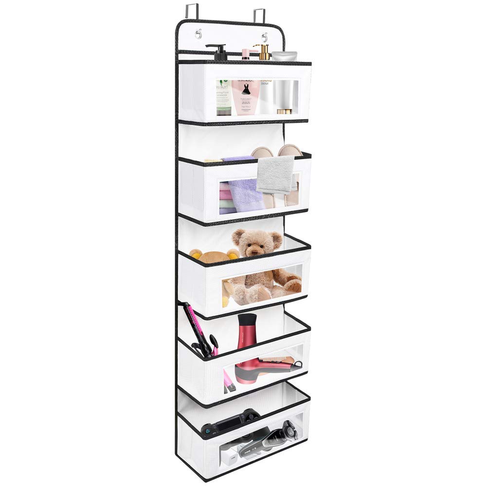Libeder Over Door Organizer - 5 Pockets Foldable Hanging Storage Bag for Closet, Nursery & Cabinet | White Hanging Organizer for Baby Essentials, Toys, Cosmetics & Sundries | Space-Saving Solution for Home & Office Organization