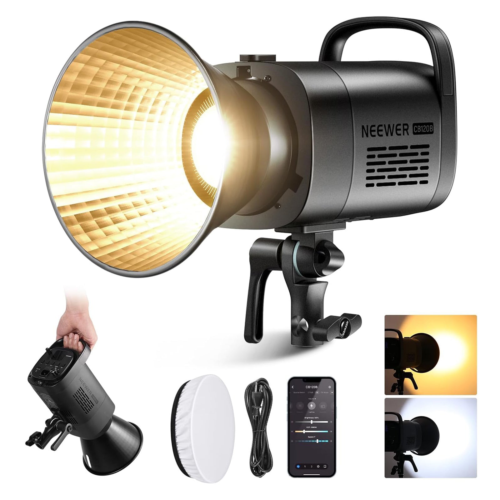 NEEWER CB120B 120W Bi-Color COB LED Video Light for Photography, YouTube Videos, Live Streaming & Studio Lighting - Dimmable Continuous Lighting with Bowens Mount