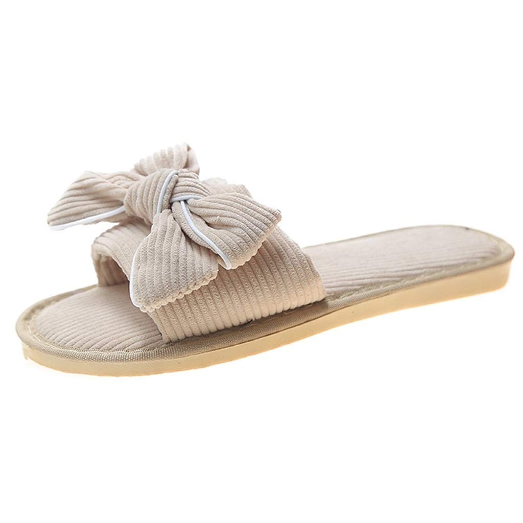 Butterfly Knot Corduroy Non-Slip Women's Indoor Slippers - Comfortable Home Shoes for Spring & Autumn - Beige Size 39 - Perfect for Living Room, Bedroom & Relaxing at Home