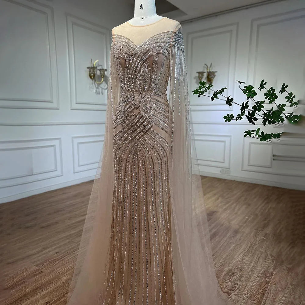 Serene Hill Luxury Nude Arabic Mermaid Evening Gown with Cape Sleeves & Beaded O-Neck - Elegant Wedding Party Dress for Women 2025 (LA72012) | Perfect for Bridal Showers, Red Carpet Events & Formal Occasions