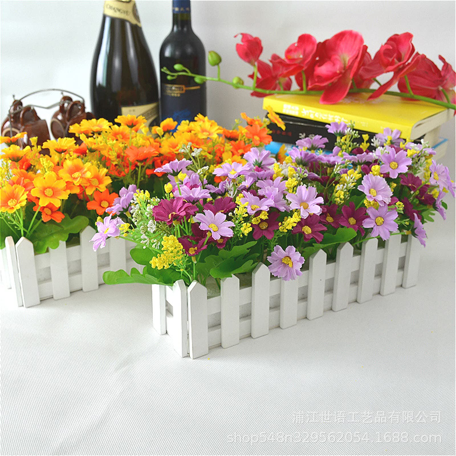 Artificial Flowers in Picket Fence Pot - Fake Jumping Orchid Chrysanthemum Plants - Mini Potted Plant for Indoor Farmhouse Wedding Home Decor (Tender Green) | Perfect for Table Centerpieces, Shelf Displays & Rustic Wedding Decorations