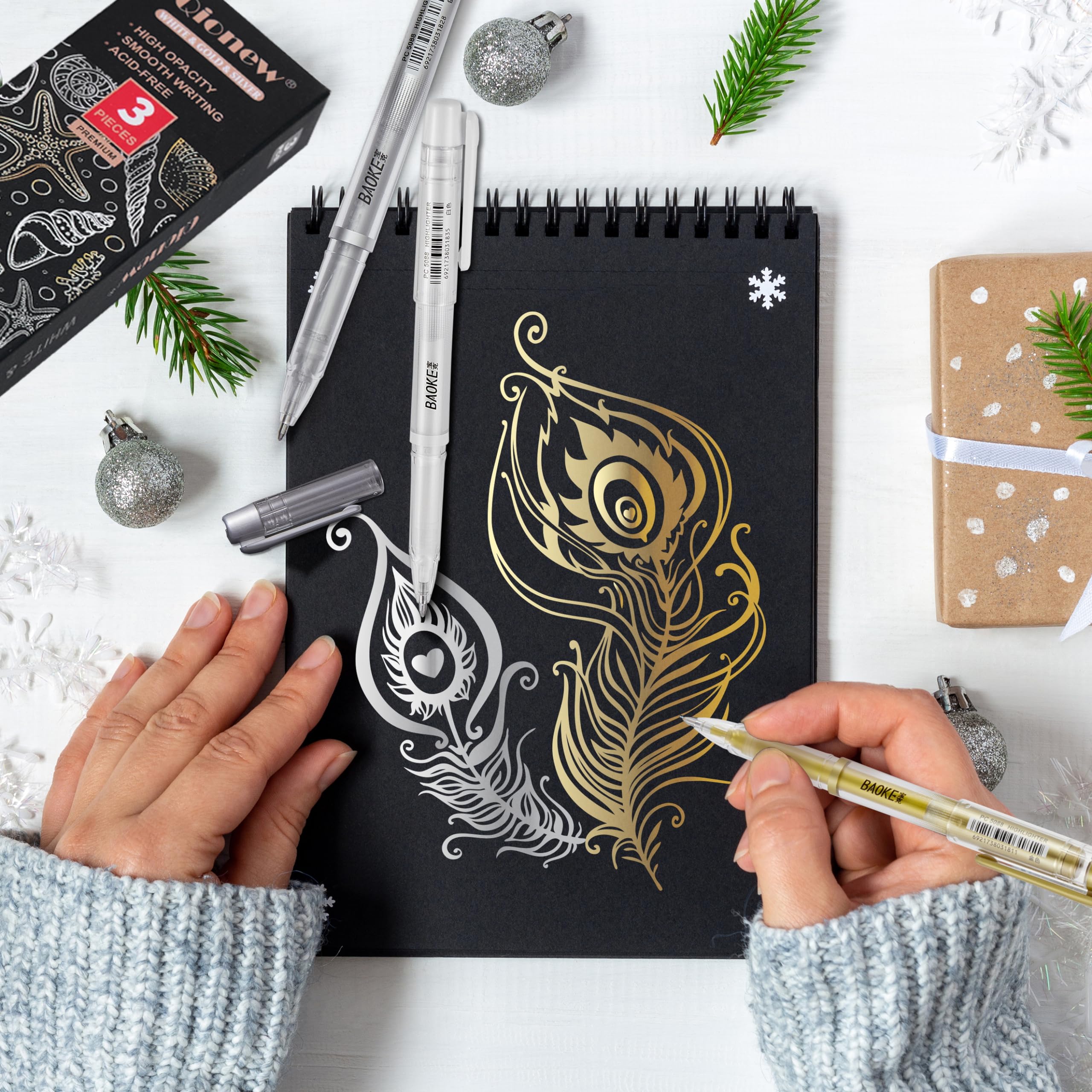 Premium 3-Color Gel Pen Set (White, Gold, Silver) - 1mm Fine Point for Black Paper Drawing, Sketching & Calligraphy - Perfect for Bullet Journaling, Card Making & Artistic Illustrations - Ideal Gift for Artists & Craft Lovers