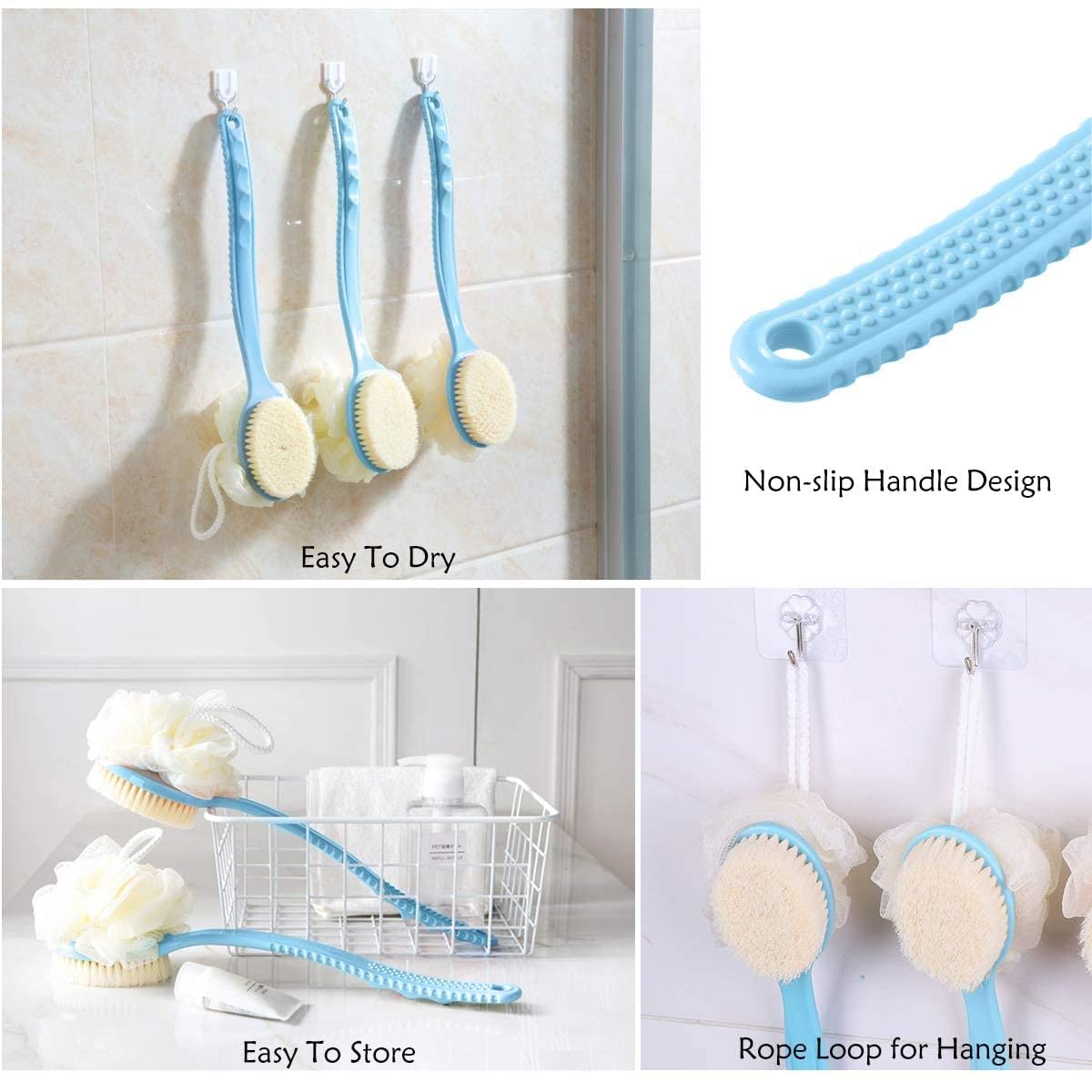 3-Piece Silicone Shampoo Dispenser & Bath Brush Set - 2-in-1 Hard Plastic Long Handle Back Scrubber with Soft Loofah & Self-Draining Leaf-Shaped Soap Dish Holder (Multi-Color) - Perfect for Shower, Bathroom Storage & Spa Relaxation