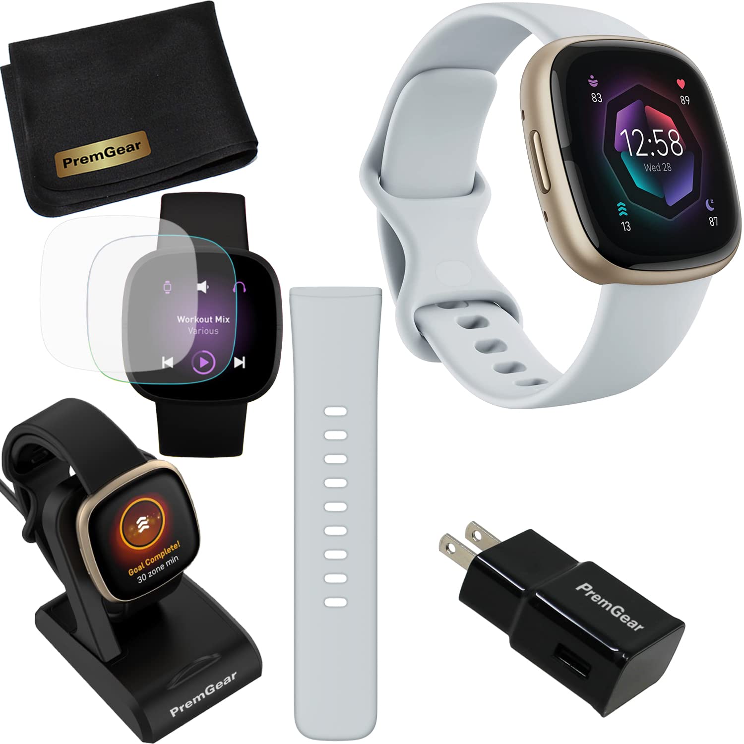 Fitbit Sense 2 Advanced Health & Fitness Smartwatch with Stress Management, ECG, SpO2, GPS - Blue Mist (Includes S & L Bands, Charger Dock, Wall Adapter, 2 Screen Protectors & PremGear Cloth) - Perfect for Workouts, Sleep Tracking & Daily Activity Monitoring