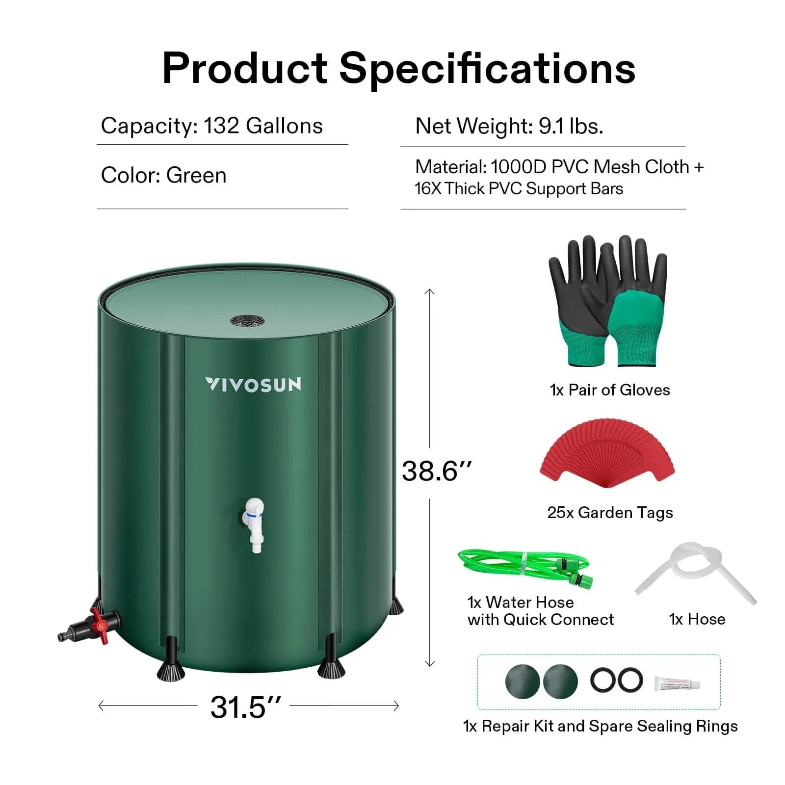Vivosun 132 Gallon Collapsible Rain Barrel - Water Storage Container for Garden, Lawn & Outdoor Use | Eco-Friendly Rainwater Collection System for Sustainable Irrigation & Emergency Water Supply