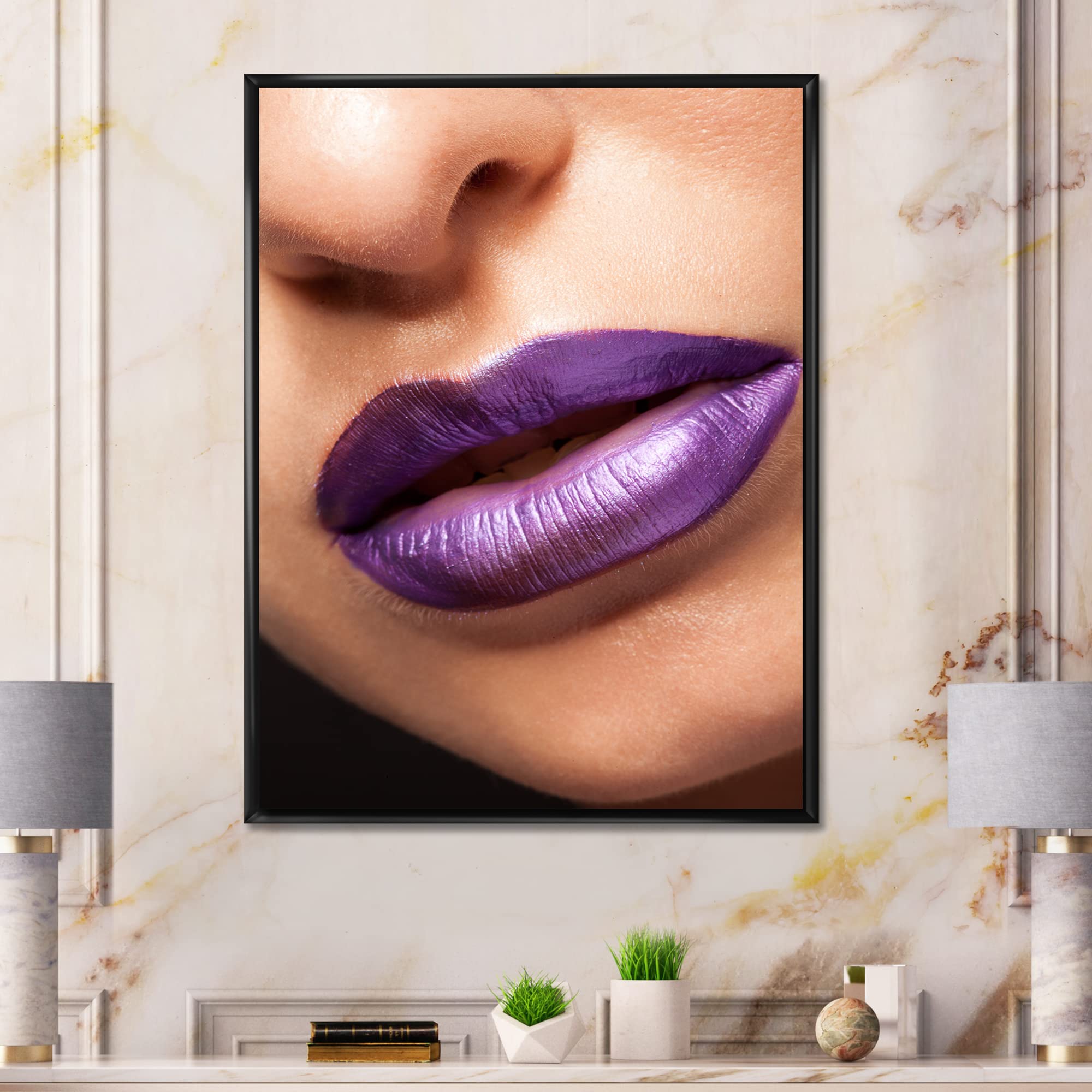 DesignQ Purple Lipstick Woman Lips Close-Up - Modern Framed Canvas Wall Art Print for Living Room, Bedroom & Office Decor