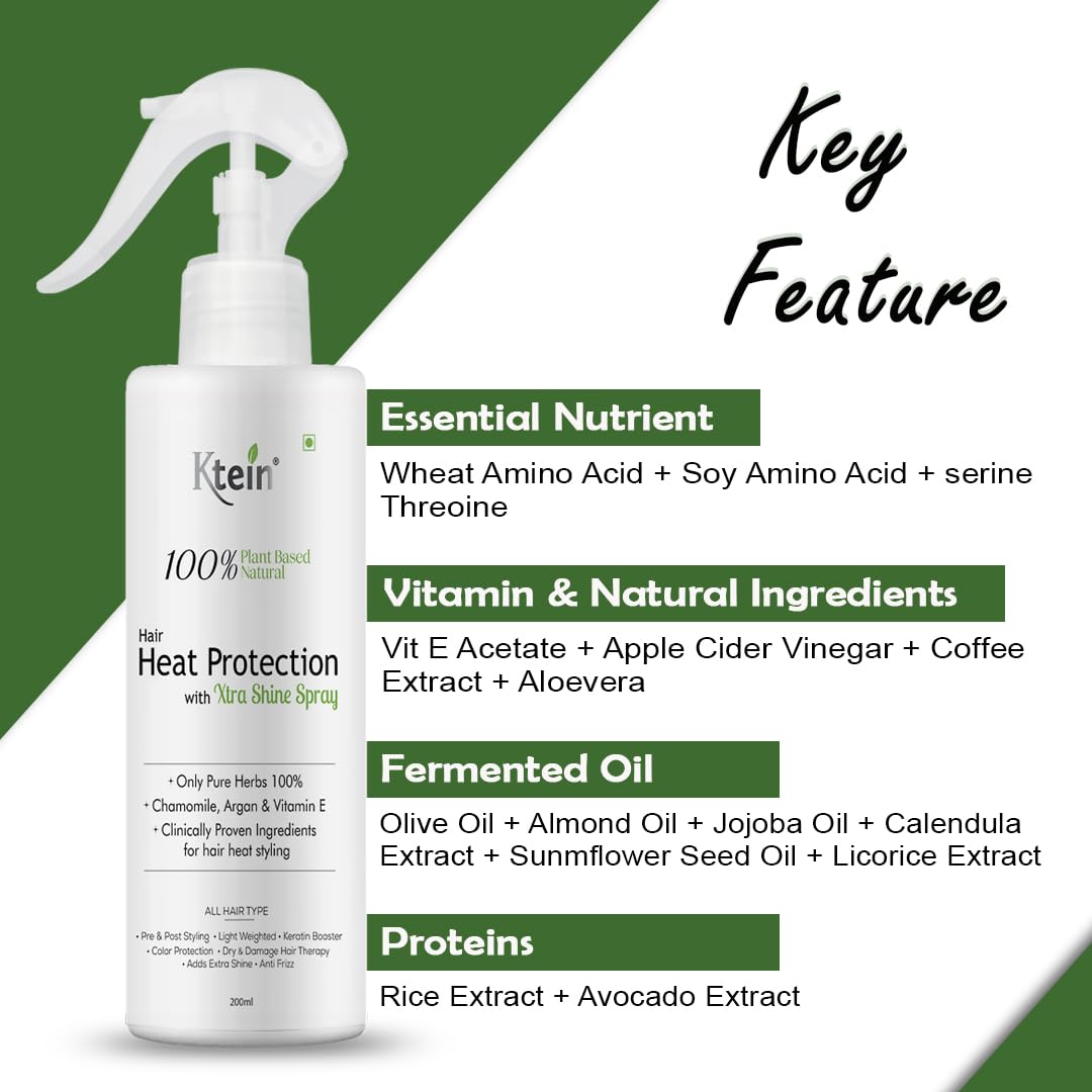 Ktein 100% Plant-Based Natural Hair Heat Protection Spray with Extra Shine (200ml) - Vegan, Sulfate-Free Styling for Curly, Straight & Damaged Hair - Perfect for Blowouts, Flat Ironing & Daily Styling