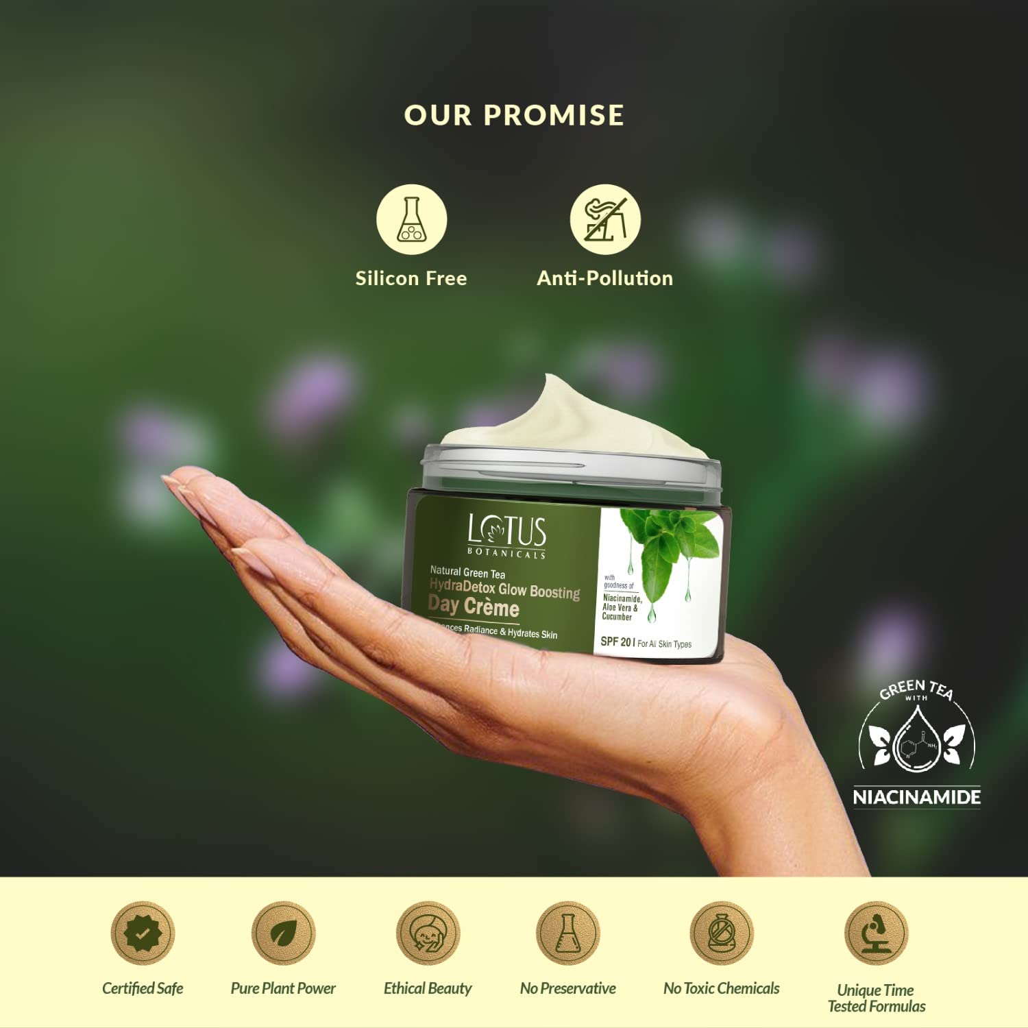Lotus Botanicals Natural Green Tea HydraDetox Face Moisturizer with Niacinamide & SPF 20 | 50g | Hydrating Day Cream for Glowing Skin | Perfect for Daily Skincare Routine & Sun Protection