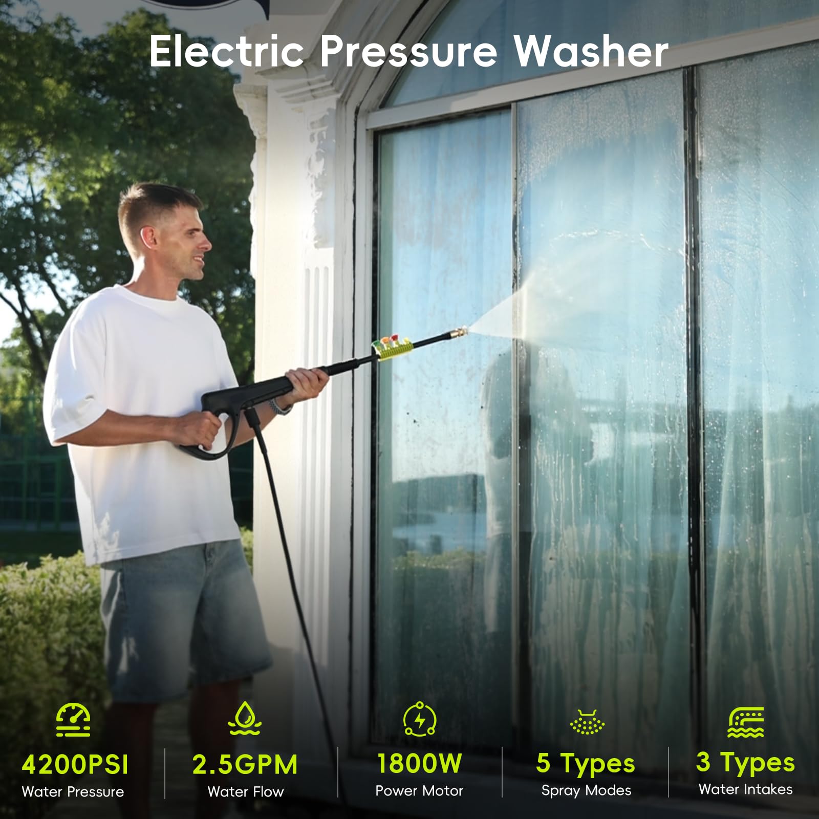 4200 PSI Electric Pressure Washer with Foam Cannon - 2.5 GPM High Power Washer, 4 Quick Connect Nozzles, 1800W Motor for Deep Cleaning Cars, Driveways, Patios & Home Exteriors | Perfect for Auto Detailing, Deck Washing & Concrete Cleaning