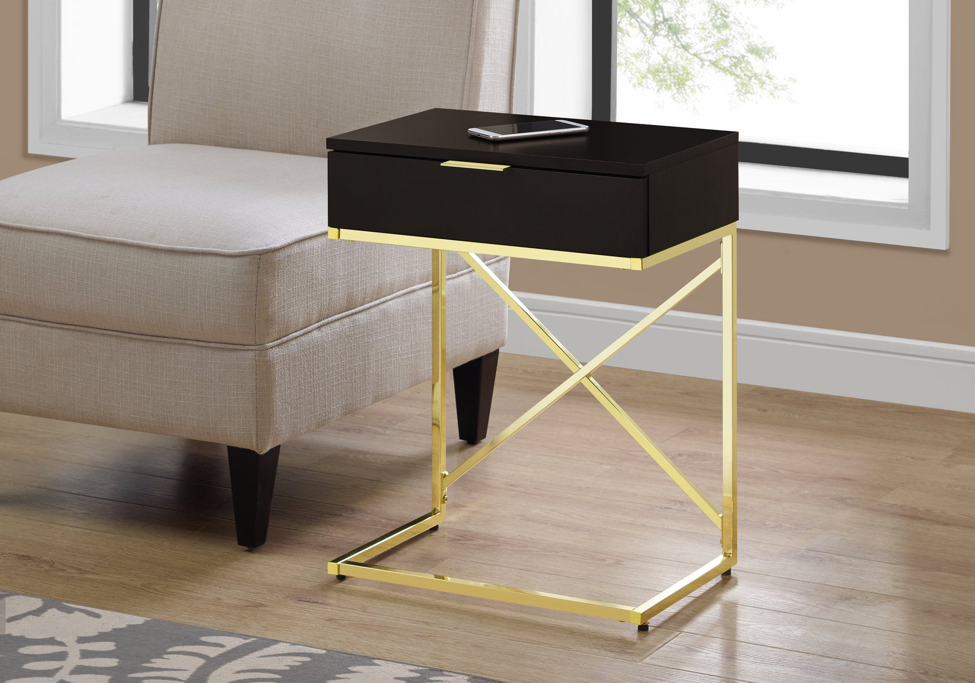 Modern Accent Table - 24 Inch Round Coffee Side Table in Cappuccino Finish with Gold Metal Base - Perfect for Living Room, Bedroom, or Office Decor