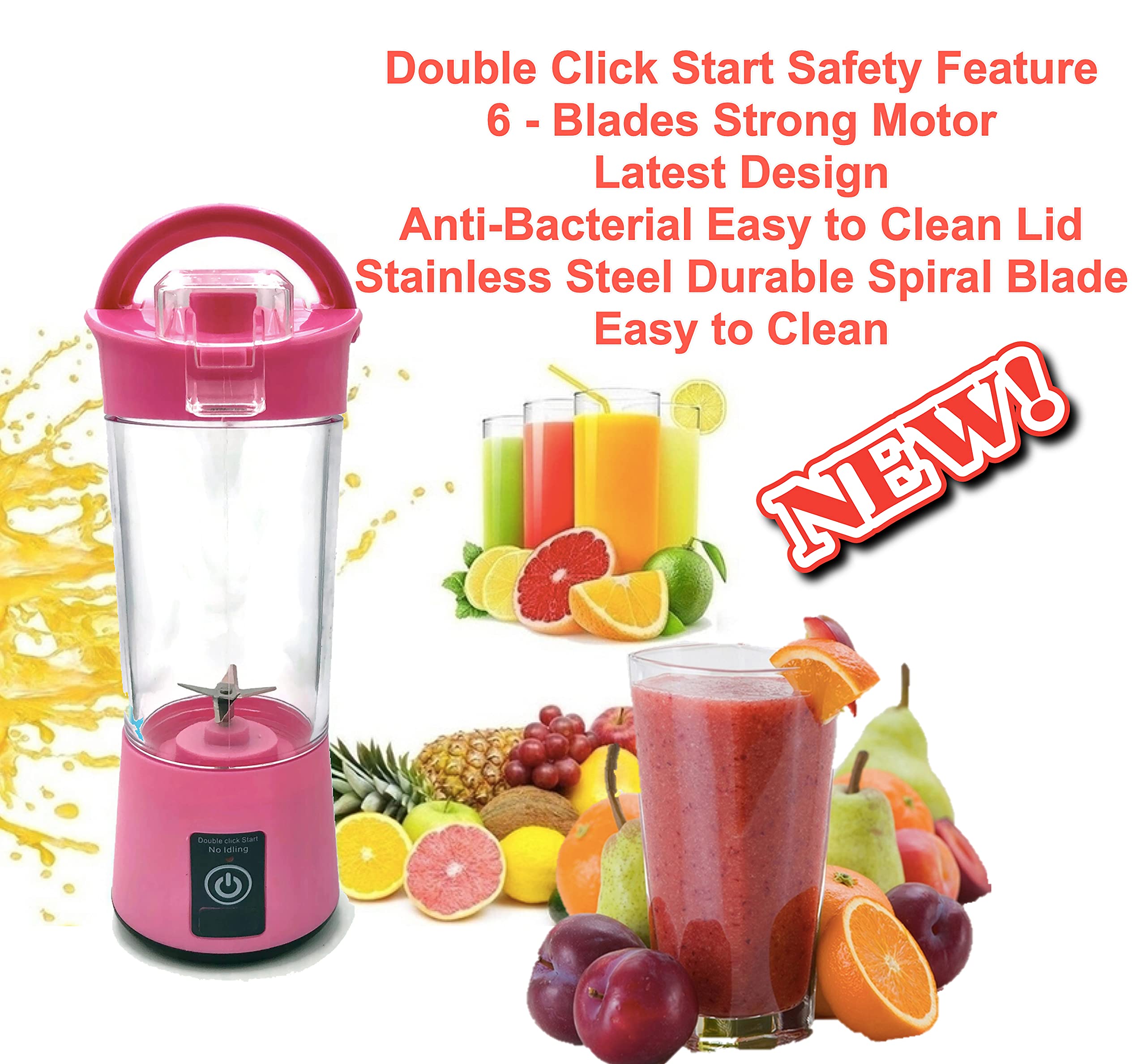 Powerful 6-Blade Personal Blender - Portable Rechargeable Smoothie Maker for Shakes, Margaritas & Baby Food - Perfect for Travel, Gym & Home Use - Great Holiday Gift 2021 (Pink)