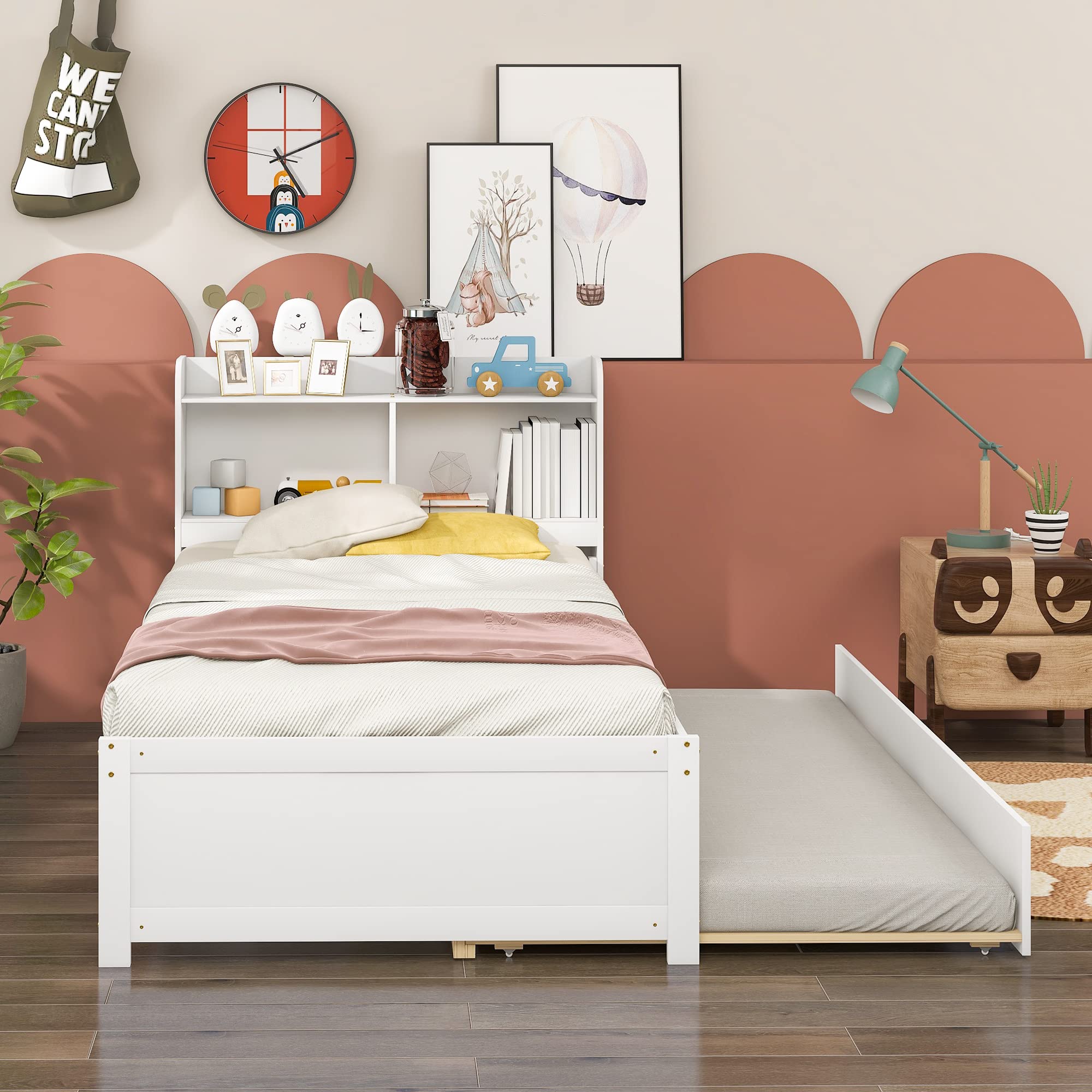HomSof Twin Bed with Trundle and Bookcase - White Wooden Daybed for Kids & Teens - Perfect for Small Bedrooms, Guest Rooms & Dormitories