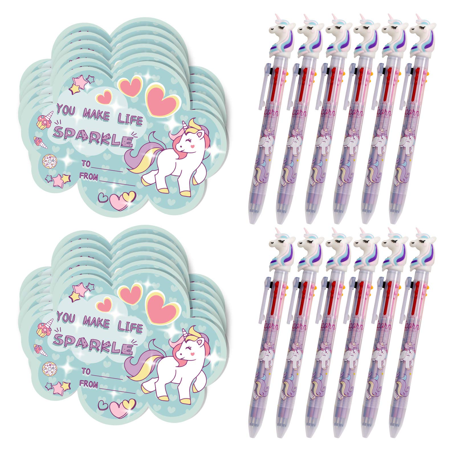 Unicorn Cards & Pens Set - 12 Pack Multicolor Ballpoint Pens with Unicorn Themed Cards for Kids Birthday Party Favors, Christmas Gifts, School Supplies, Valentine’s Day Classroom Exchange (Perfect for Party Decorations, Classroom Rewards & Kids Craft Activities)