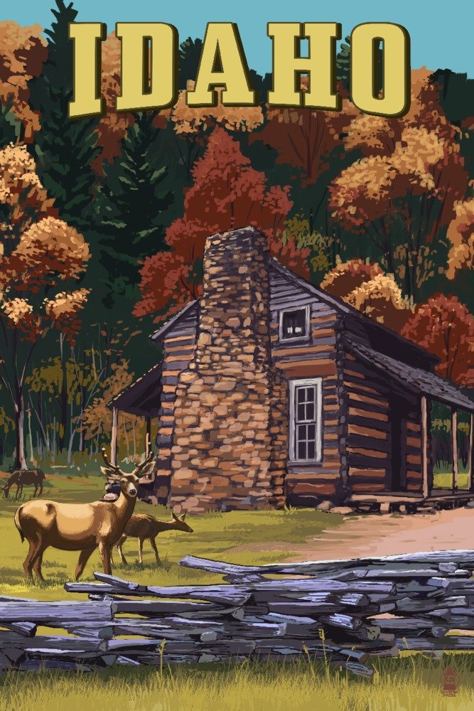 Idaho Deer Family and Cabin - 36x54 Giclee Gallery Print - Vintage Travel Poster Wall Art Decor for Living Room, Office & Cabin - Perfect for Nature Lovers & Outdoor Enthusiasts