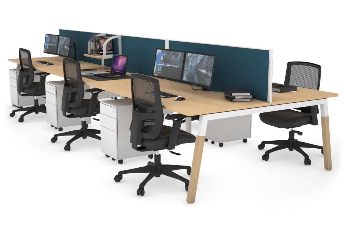 Quadro A Legs 6-Person Office Workstation with Wood Legs & Cross Beam - 1400L x 800W with Cable Management Scallop | Perfect for Collaborative Workspaces, Open Offices & Coworking Environments