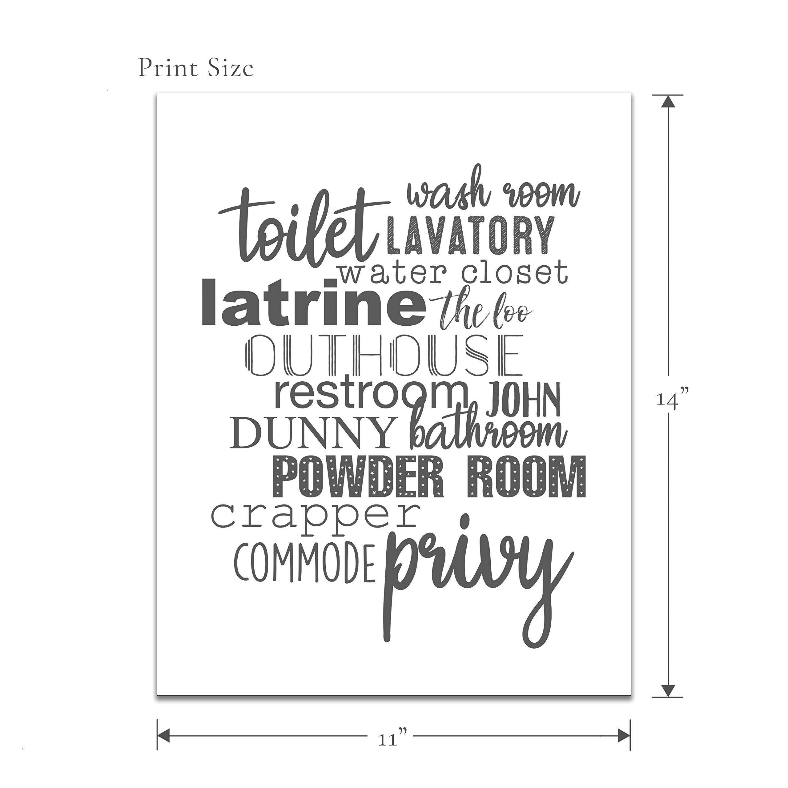 Funny Bathroom Sign - Toilet Bathroom Names Unframed 11x14 Art Print - Perfect for Home Decor, Housewarming Gift & Bathroom Wall Art