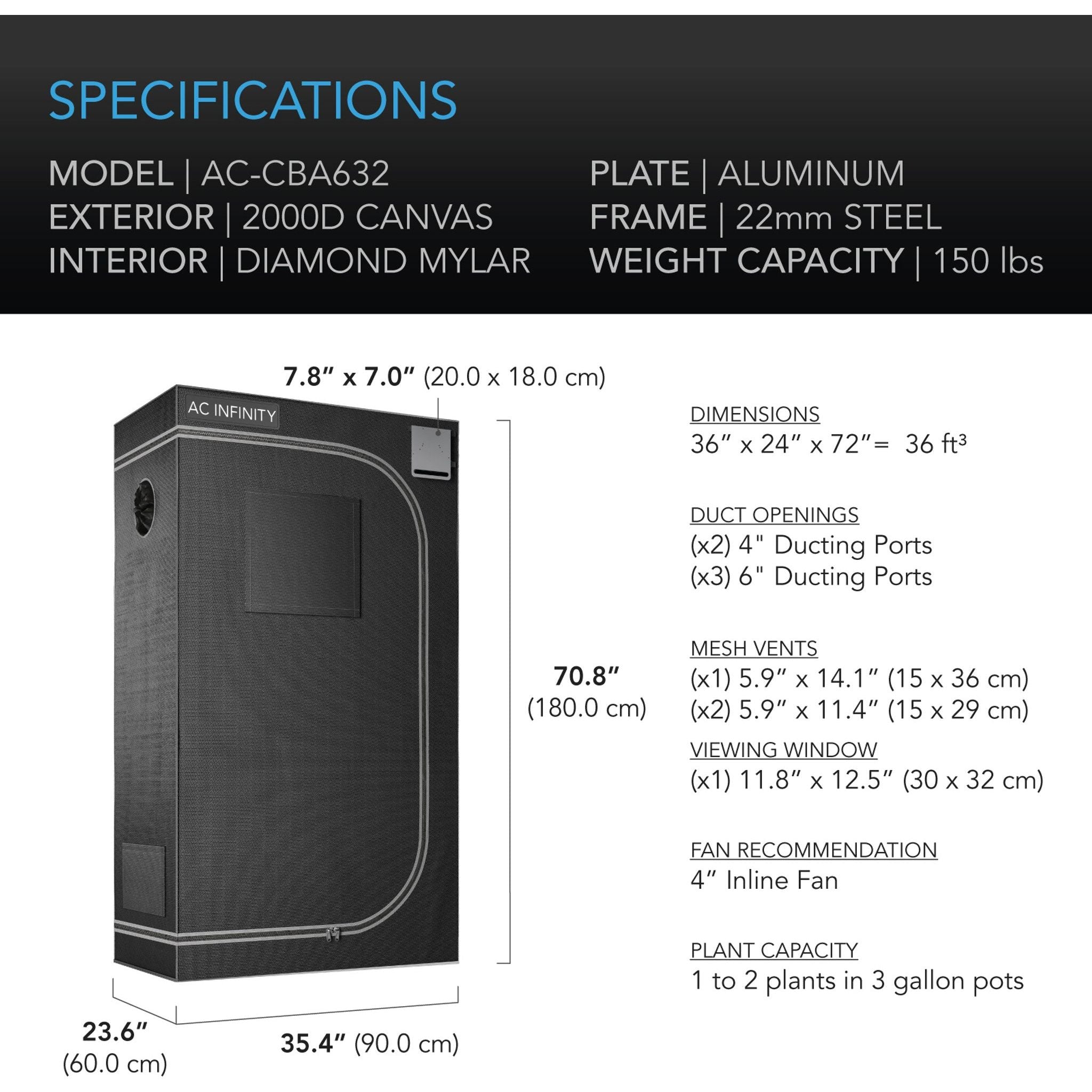 AC Infinity Cloudlab 632 3' x 2' x 6' Hydroponic Grow Tent Kit for Indoor Plants - Perfect for Hydroponics, Seed Starting, and Indoor Gardening