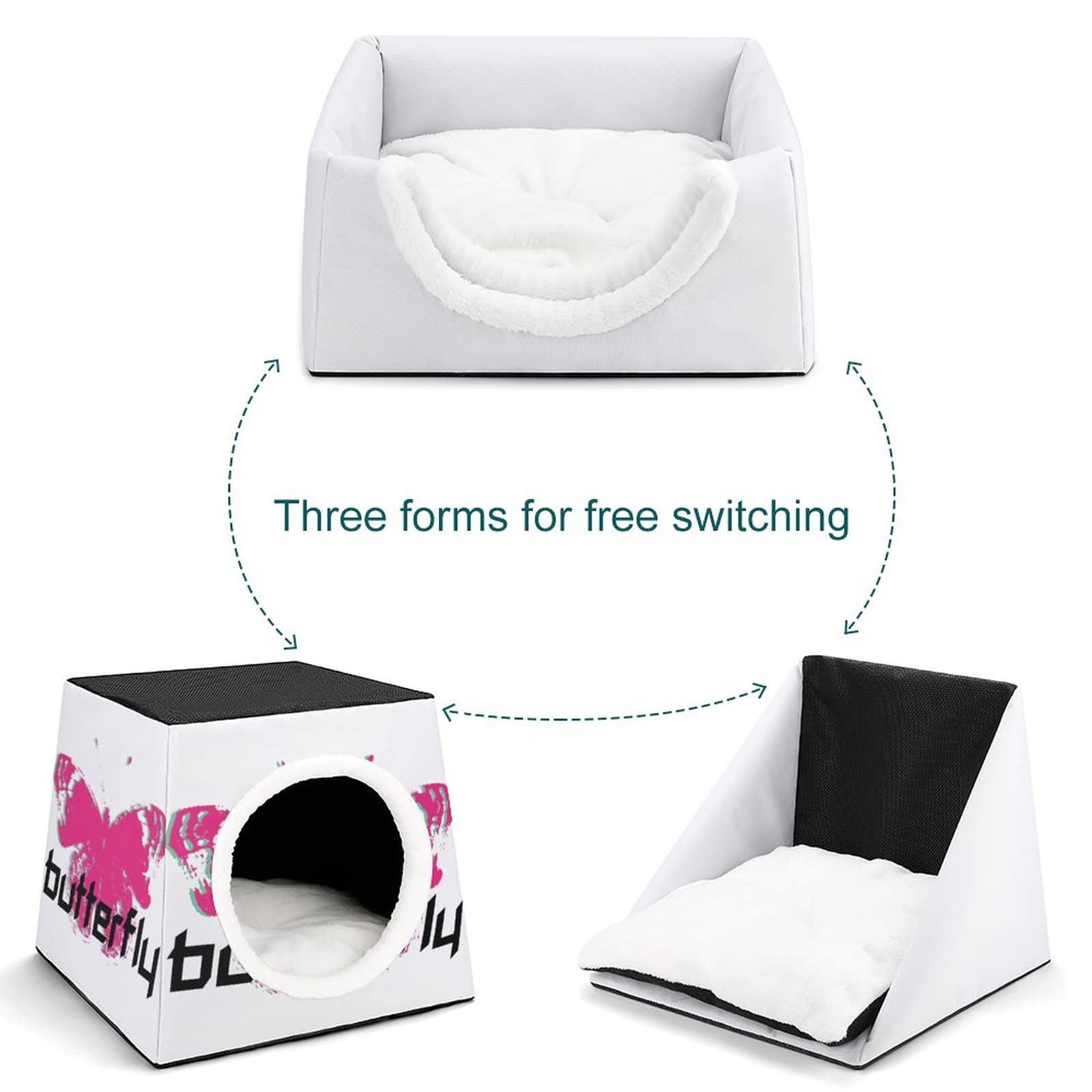 Printed Cat Houses & Condos - Foldable Cat Cube Bed with Removable Pillow - Butterfly Red Design for Indoor Cats - Perfect for Living Room, Bedroom or Office Pet Space