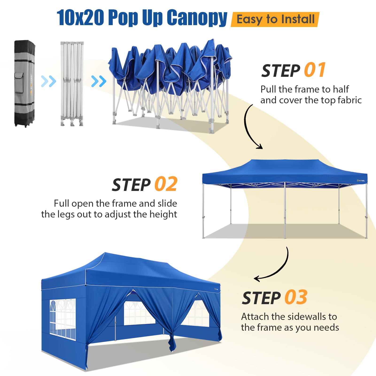 HOTEEL 10x20 Pop Up Canopy Tent - Heavy Duty Commercial Instant Gazebo with 6 Sidewalls, Roller Bag & Sand Bags - Easy Setup Hexagonal Frame for Outdoor Weddings, Parties, Events & Farmers Markets (Blue)