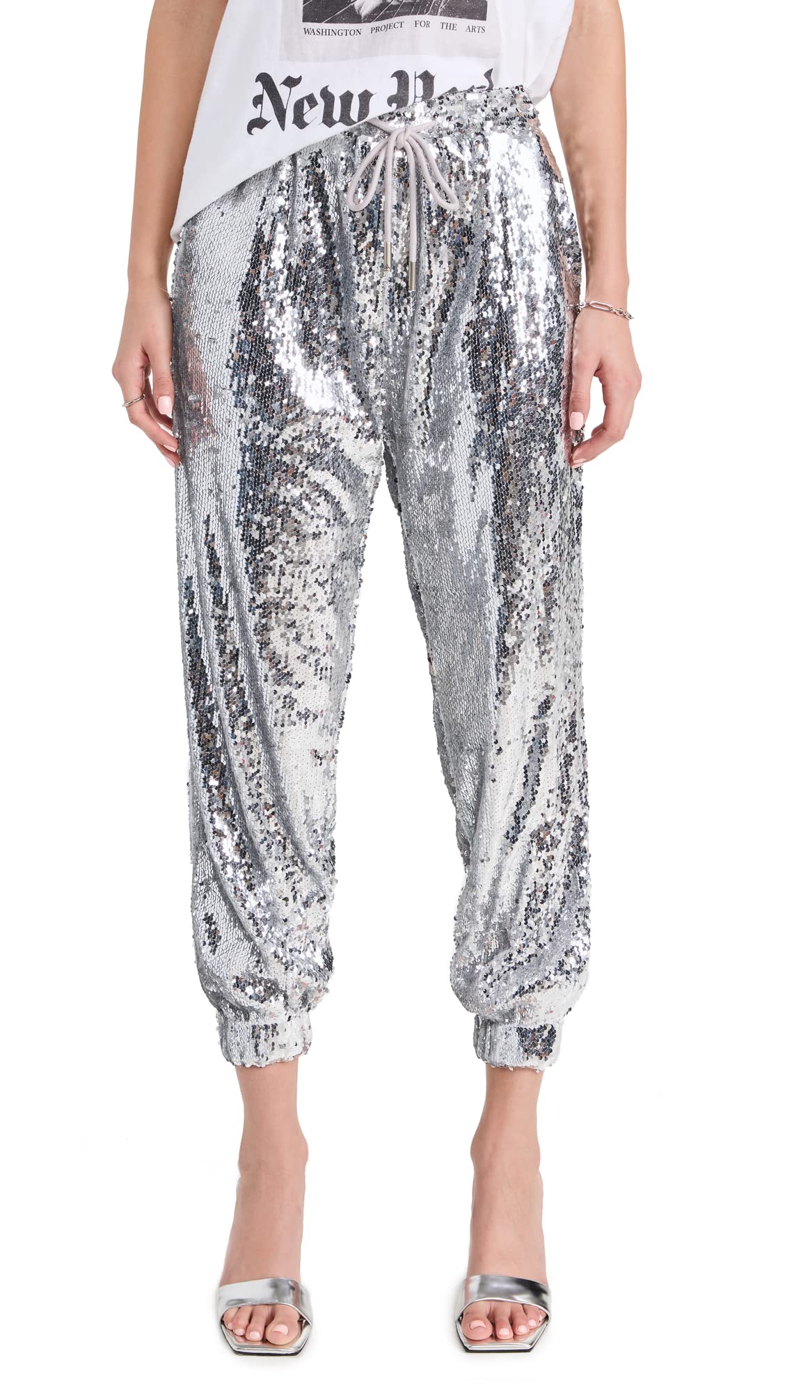English Factory Women's Sequin Joggers - Stylish High Waisted Lounge Pants with Sparkly Sequins for Casual Wear, Yoga, and Night Out