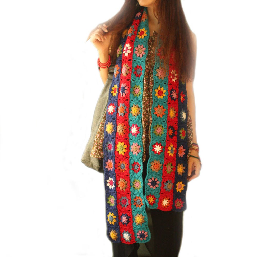Hand Woven Crochet Knit Vintage Artistic Floral Shawl Scarf - 75