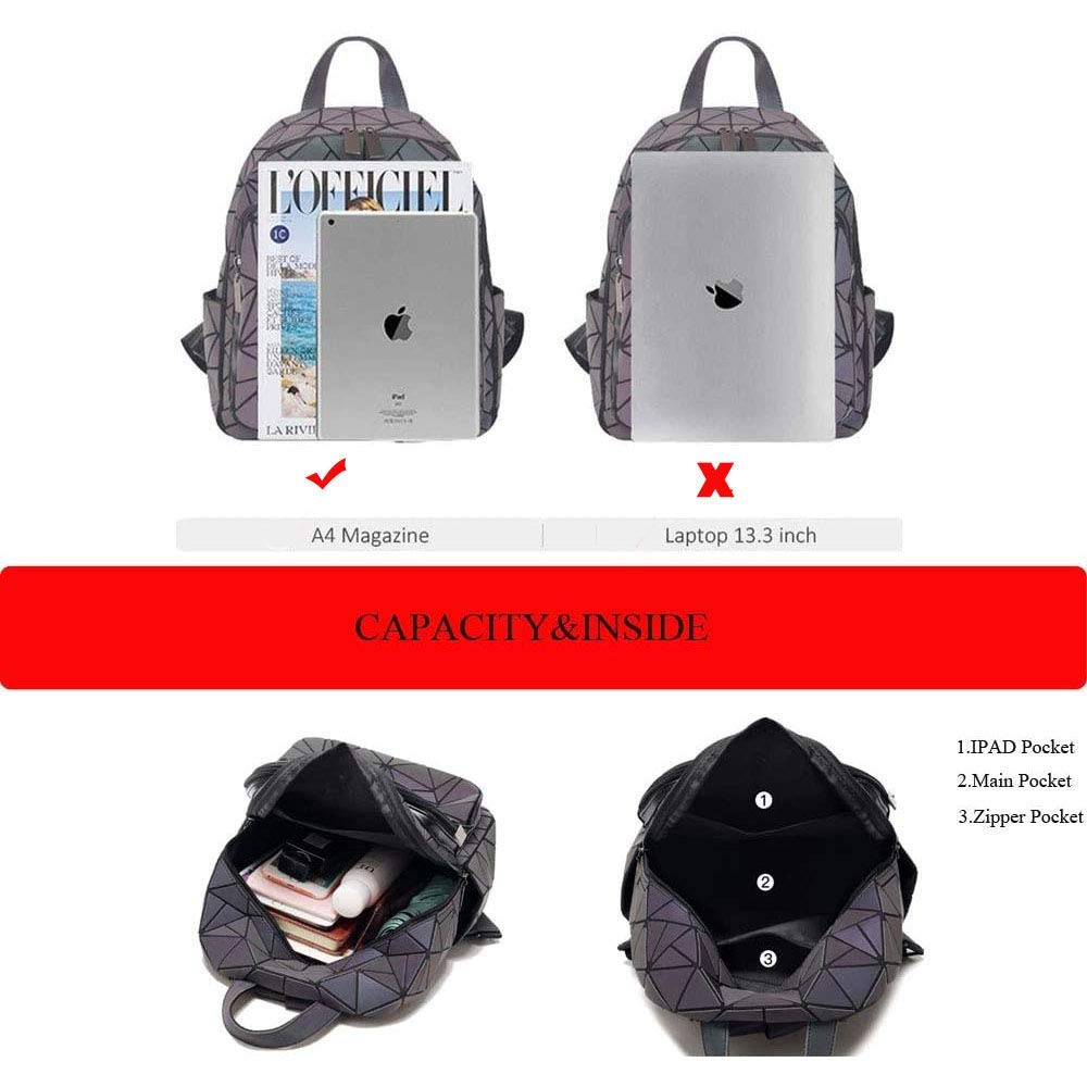 Stylish Reflective Luminous Backpack for Women - Geometric Travel Backpack with Matching Wallet - Waterproof School Bag & Commuter Purse for Night Safety (Ideal for College, Work, Gym & Outdoor Activities)