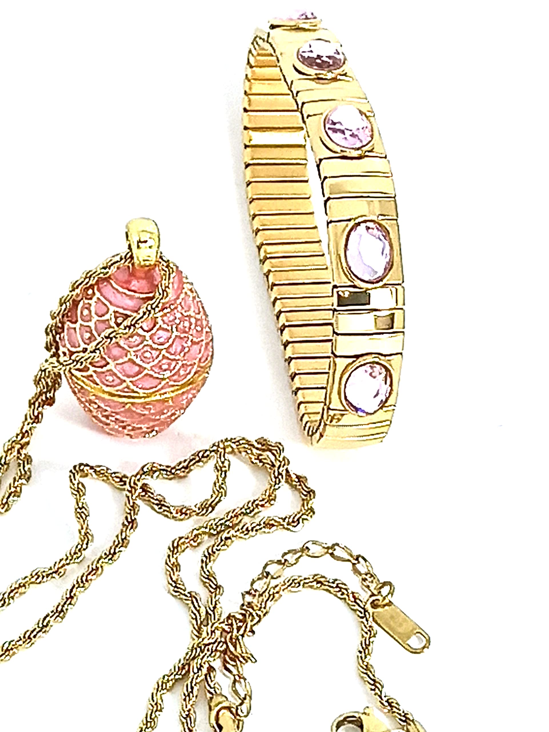 24k Gold Pink Topaz Faberge Egg Pendant Necklace & Bracelet Set - Handmade Russian Jewelry with 23.5