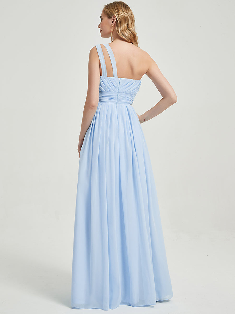 Elegant Cornflower Blue One Shoulder Floor Length Chiffon Bridesmaid Dress for Weddings & Formal Events - Perfect for Bridal Party & Evening Occasions