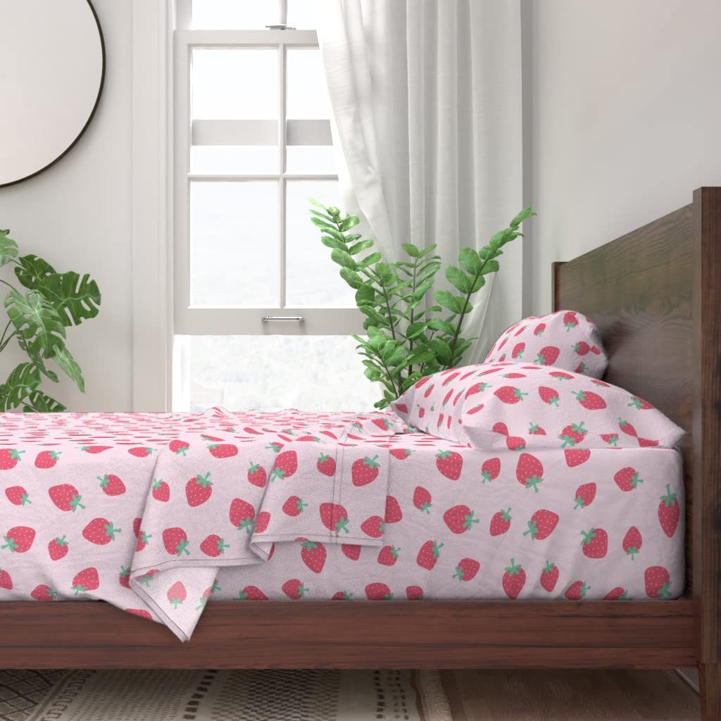 100% Cotton Twin 3-Piece Bed Sheet Set - Pink Kawaii Strawberry Fruit Print Custom Bedding | Soft Breathable Sheets for Summer Festival, Girls Room Decor & Kawaii Aesthetic Bedroom