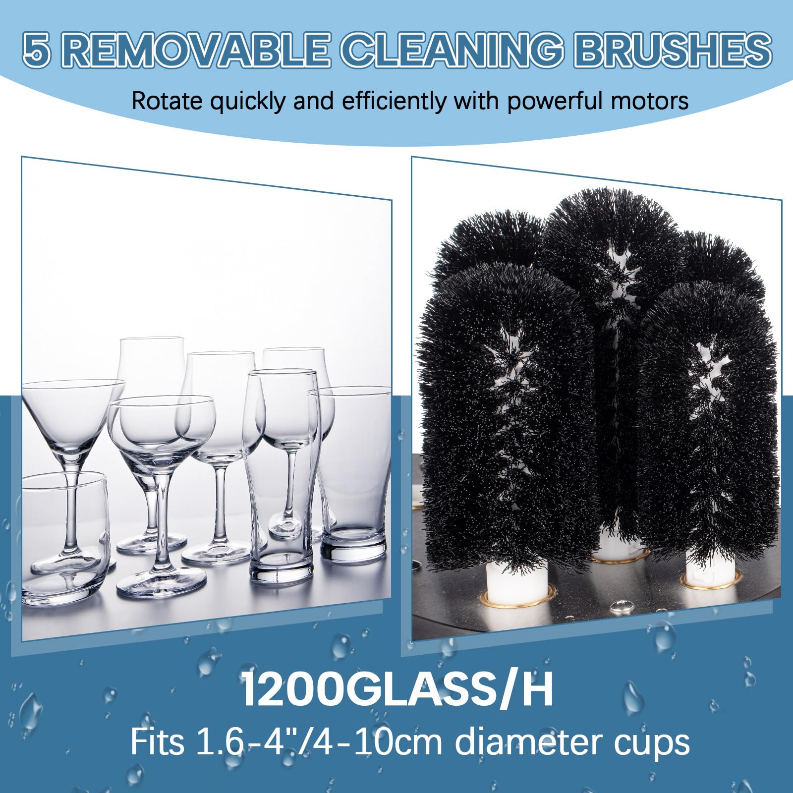 Duraaamo 5-Brush Electric Glass Washer - 1200 Cups/Hour, 1/3HP Commercial Glass Cleaning Machine for Wine Glasses, Beer Mugs & Barware (120-240V) - Perfect for Bars, Restaurants, Cafés & Home Kitchens