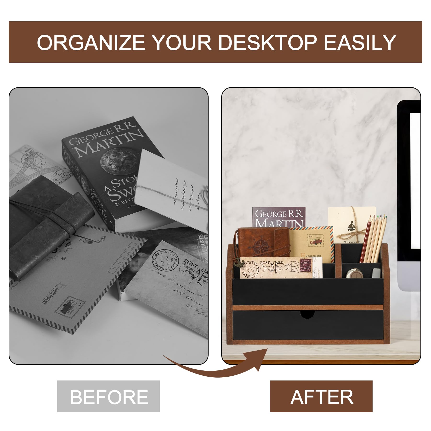 Wooden Desk Organizer with Drawer - 5-Slot Tabletop File Storage, Mail & Letter Holder, Pen Organizer for Office, School & Home Supplies | Perfect for Workspace, Study Desk & Countertop Organization