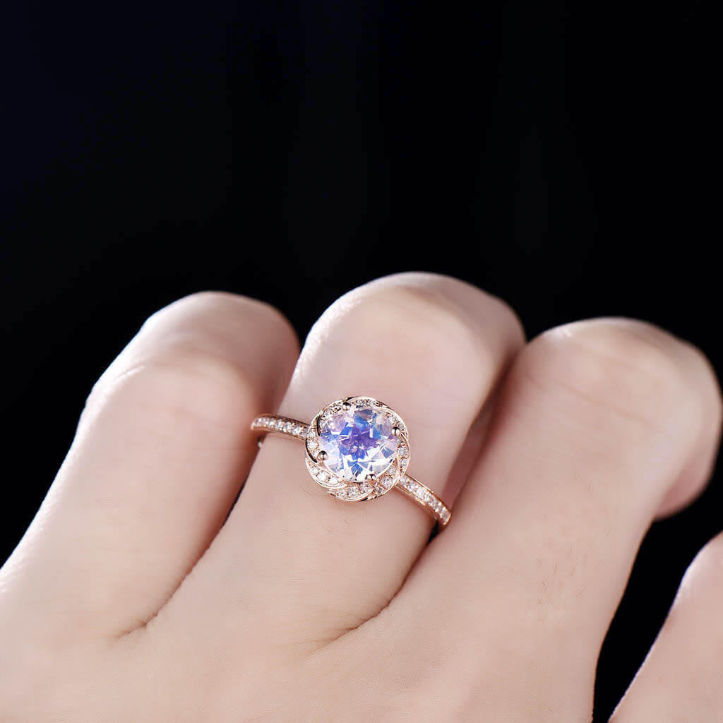 Rose Gold Natural Rainbow Moonstone Engagement Ring with Halo Diamonds - Elegant Wedding Band for Women, Perfect for Proposals, Anniversaries & Bridal Jewelry