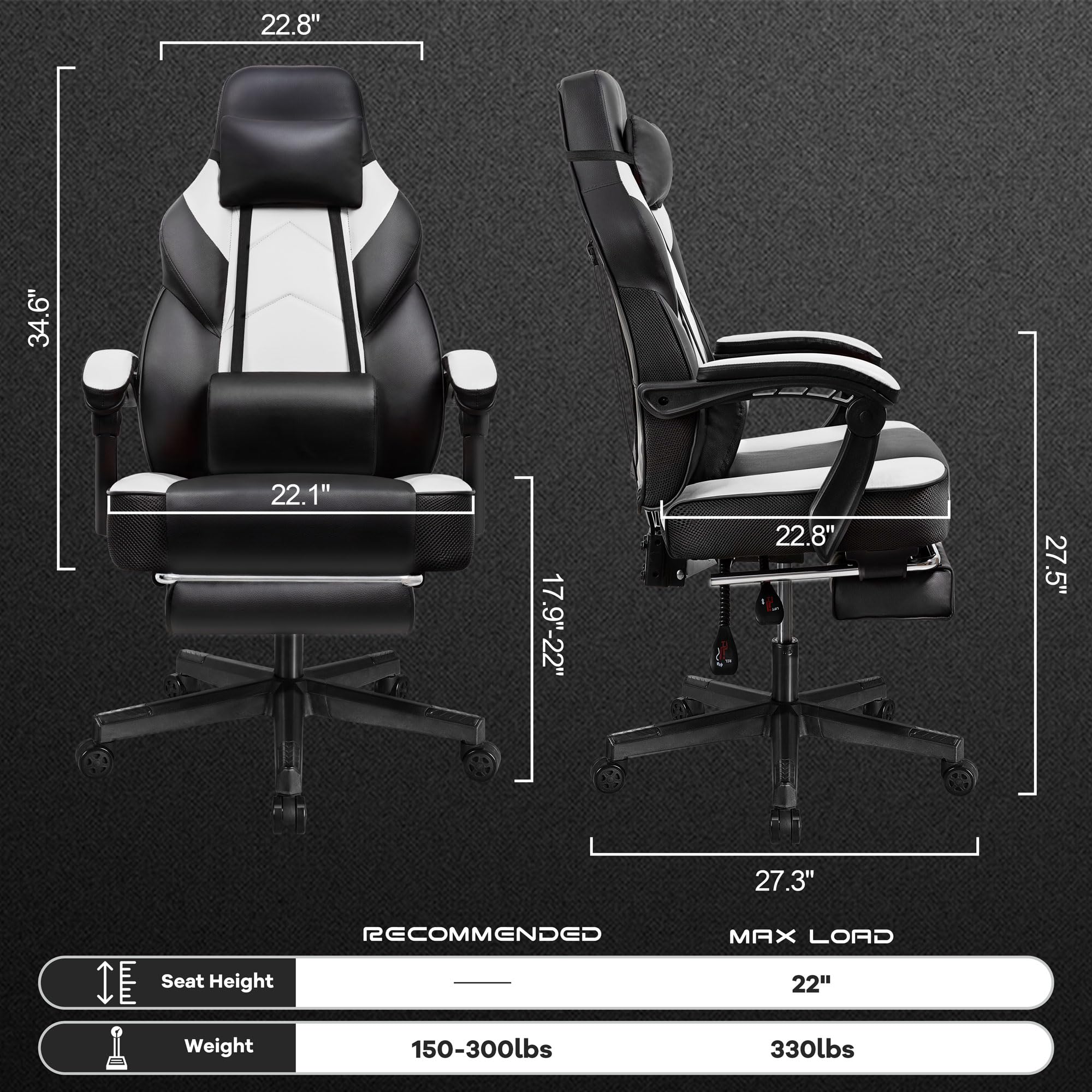 Premium Meilocar Gaming Chair for Adults - Ergonomic Computer Chair with Footrest, 330lb Weight Capacity, Massage Lumbar Support, Height Adjustable & 360° Swivel - Big & Tall Office Chair (White) - Perfect for PC Gaming, Home Office & Esports Setup