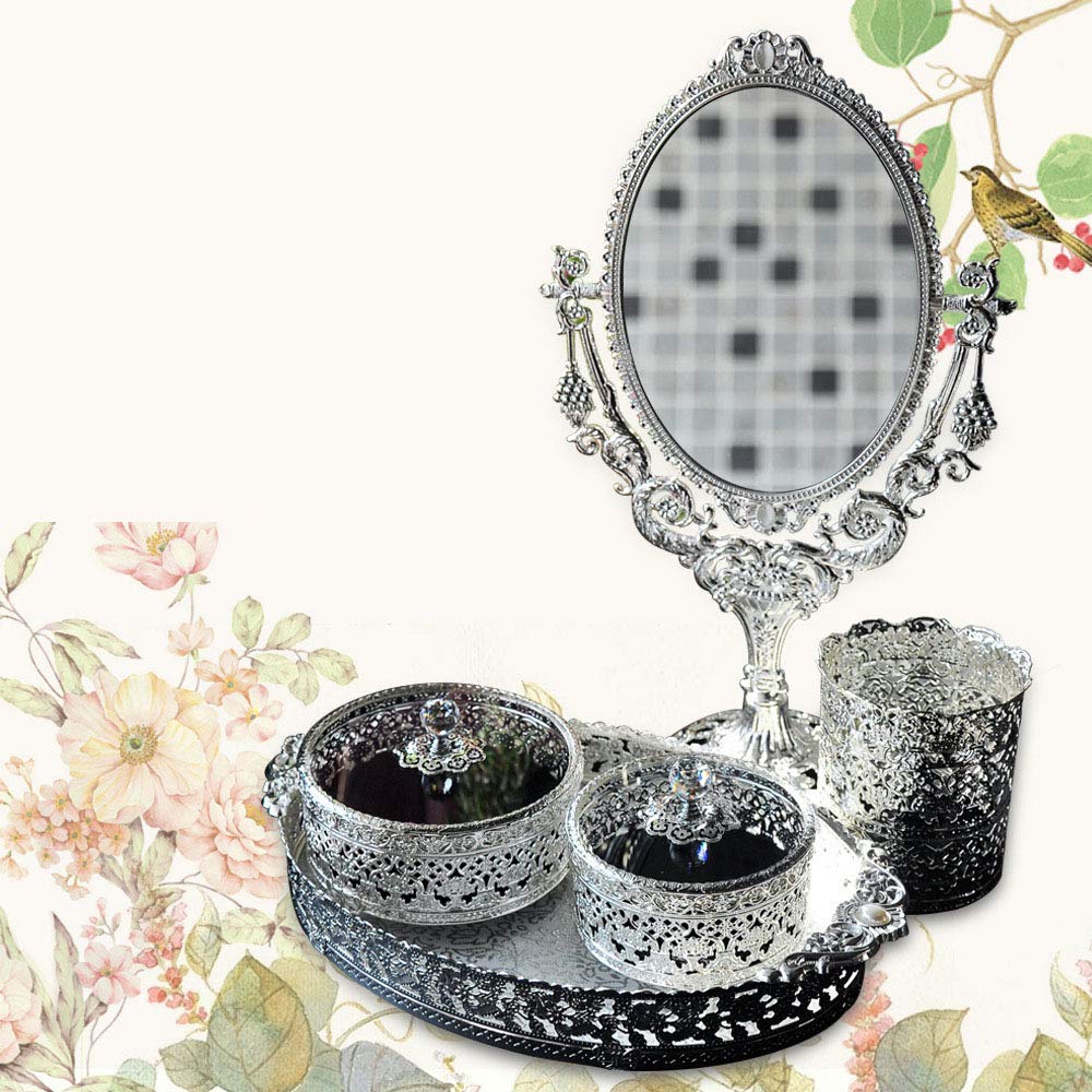 Vintage Jewelry Box Set - 5-Piece Retro Metal Transparent Jewelry Holder Case with Storage Tray & Makeup Mirror (Silver) | Perfect for Jewelry Organization, Travel & Vanity Display